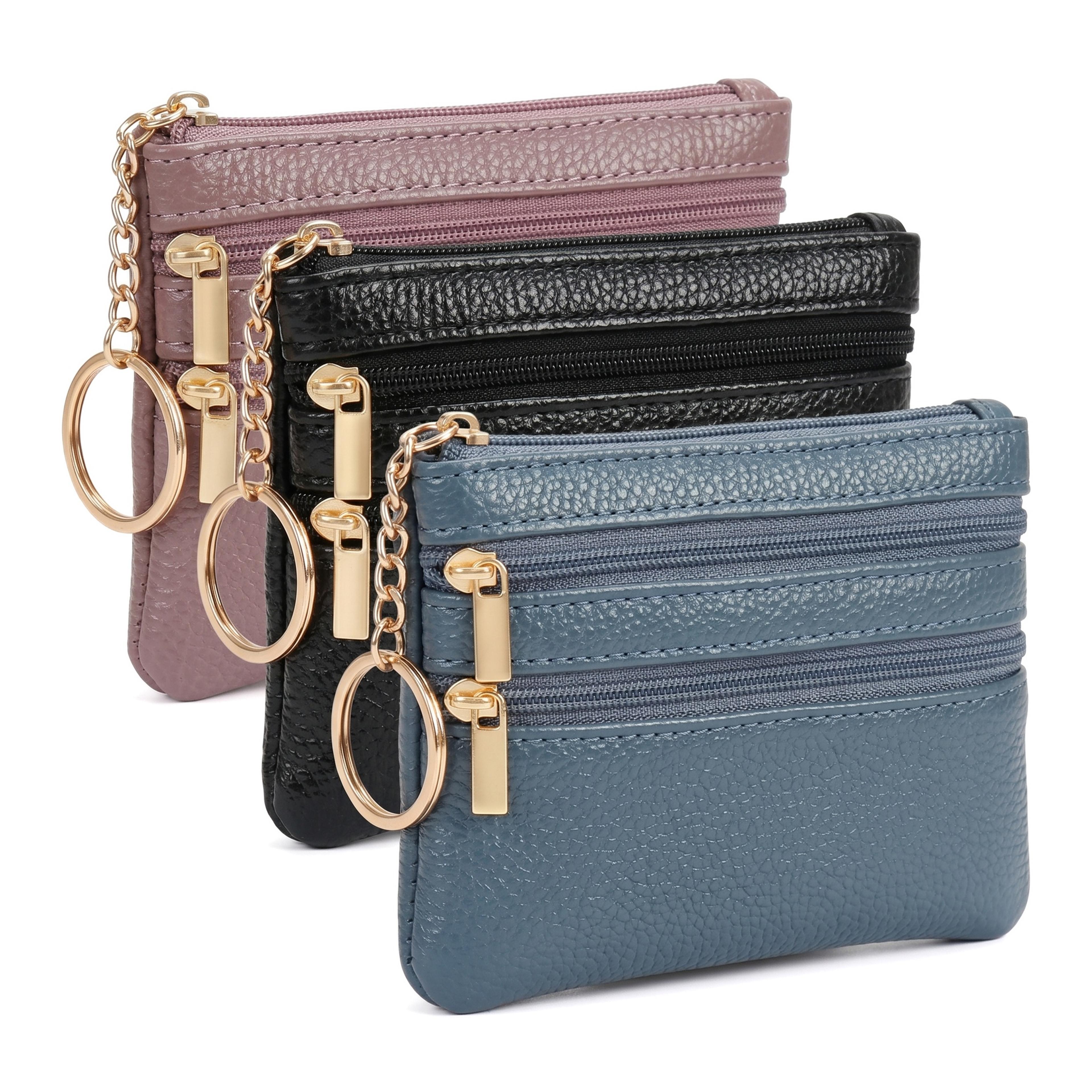 multi zip small leather wallet with keychain mini coin purse & card holder for women