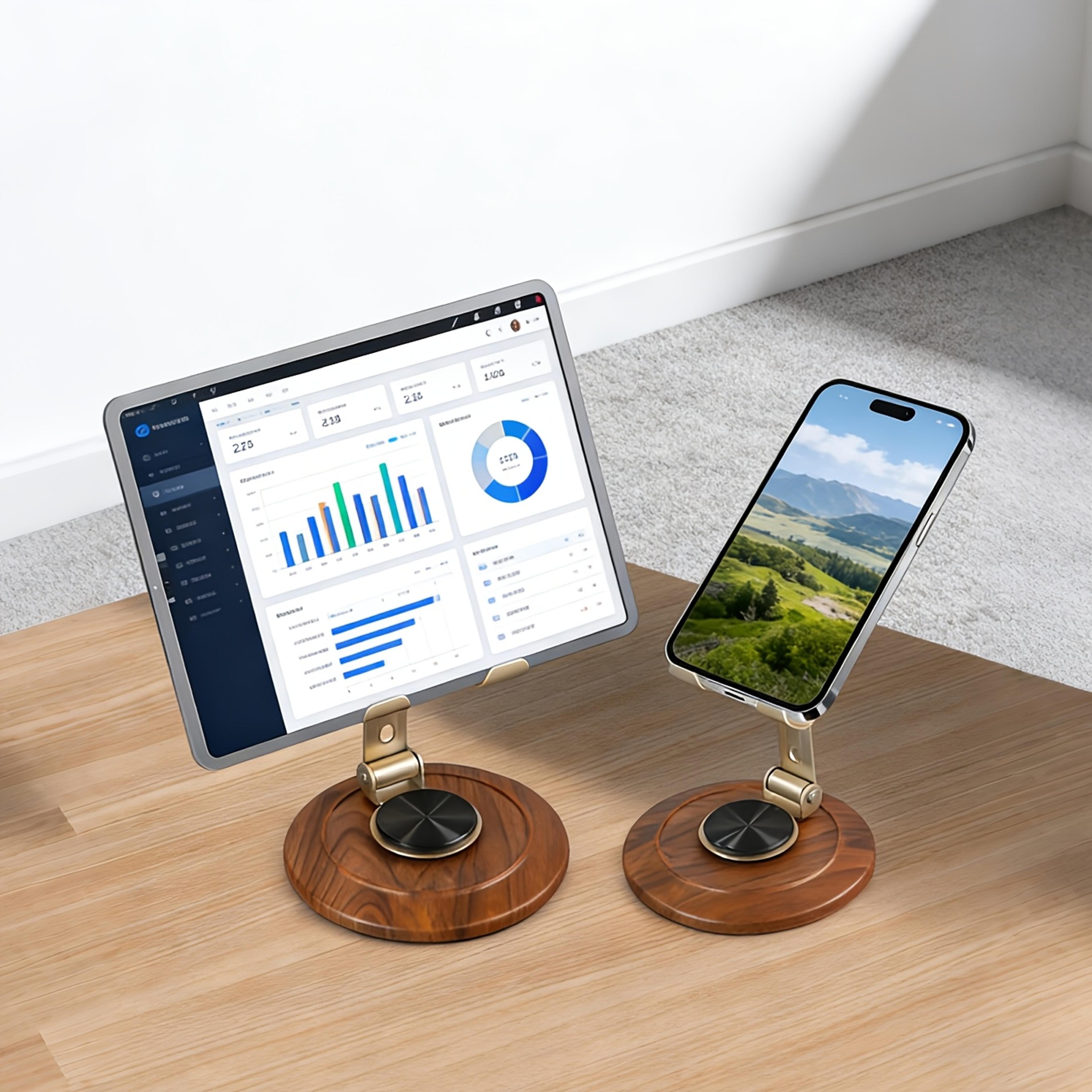 rotating phone stand & tablet stand with adjustable metal arm and wooden base