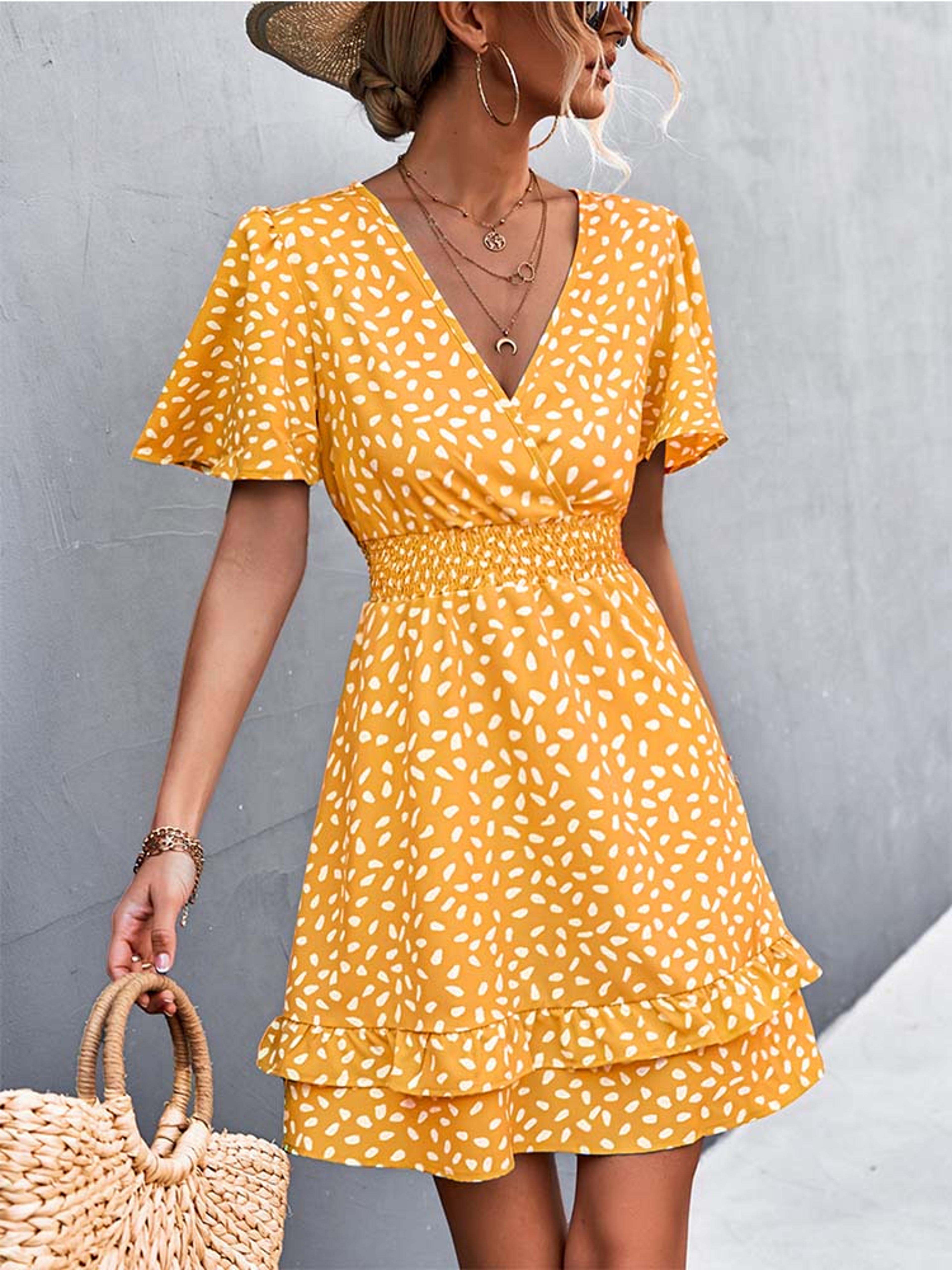 women's floral mini dress v neck slim fit ruffle sleeve summer dress