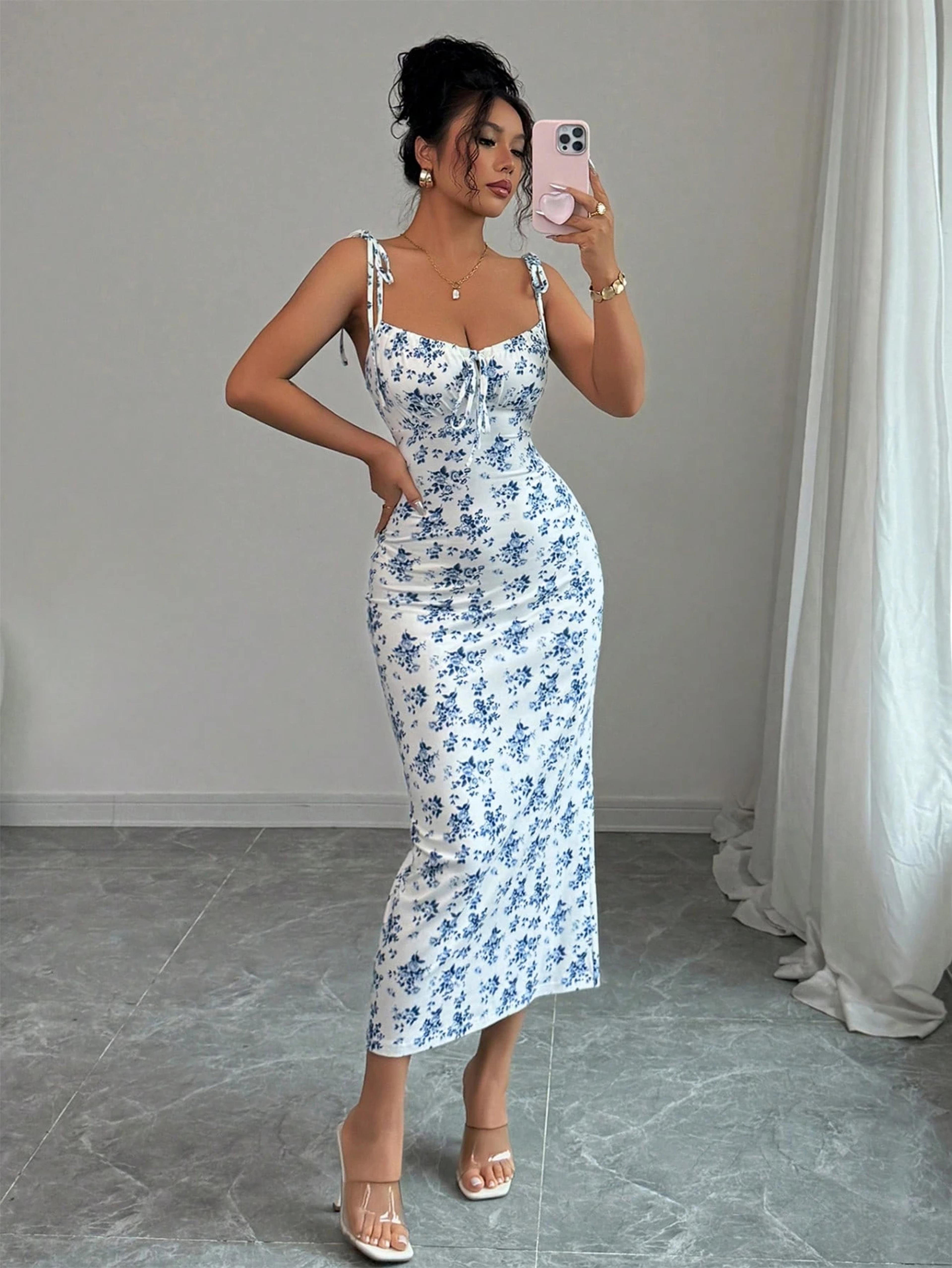 floral slip dress for women square neck ruched waist summer dress