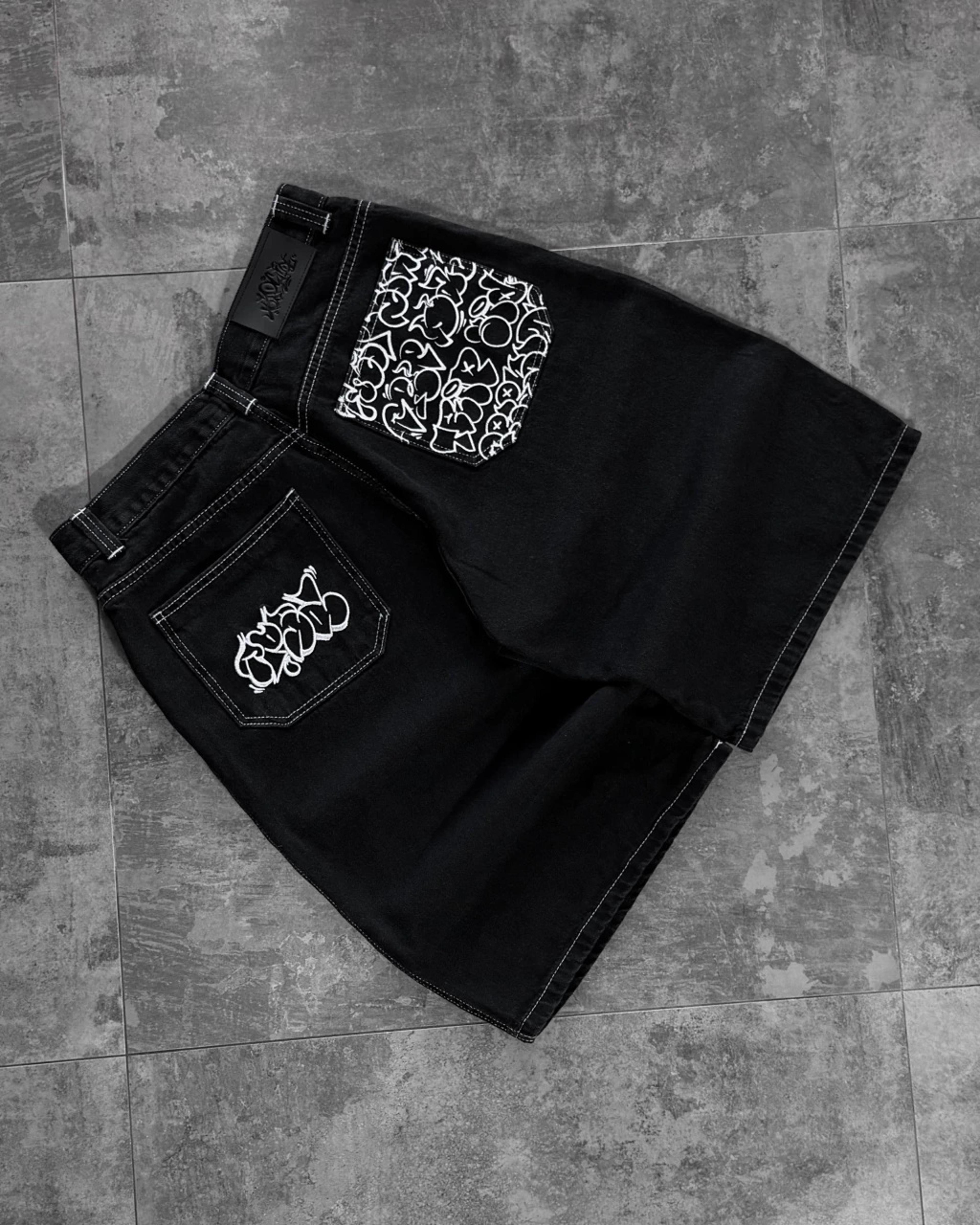 urban fade baggy denim jorts for men black washed streetwear hip hop shorts