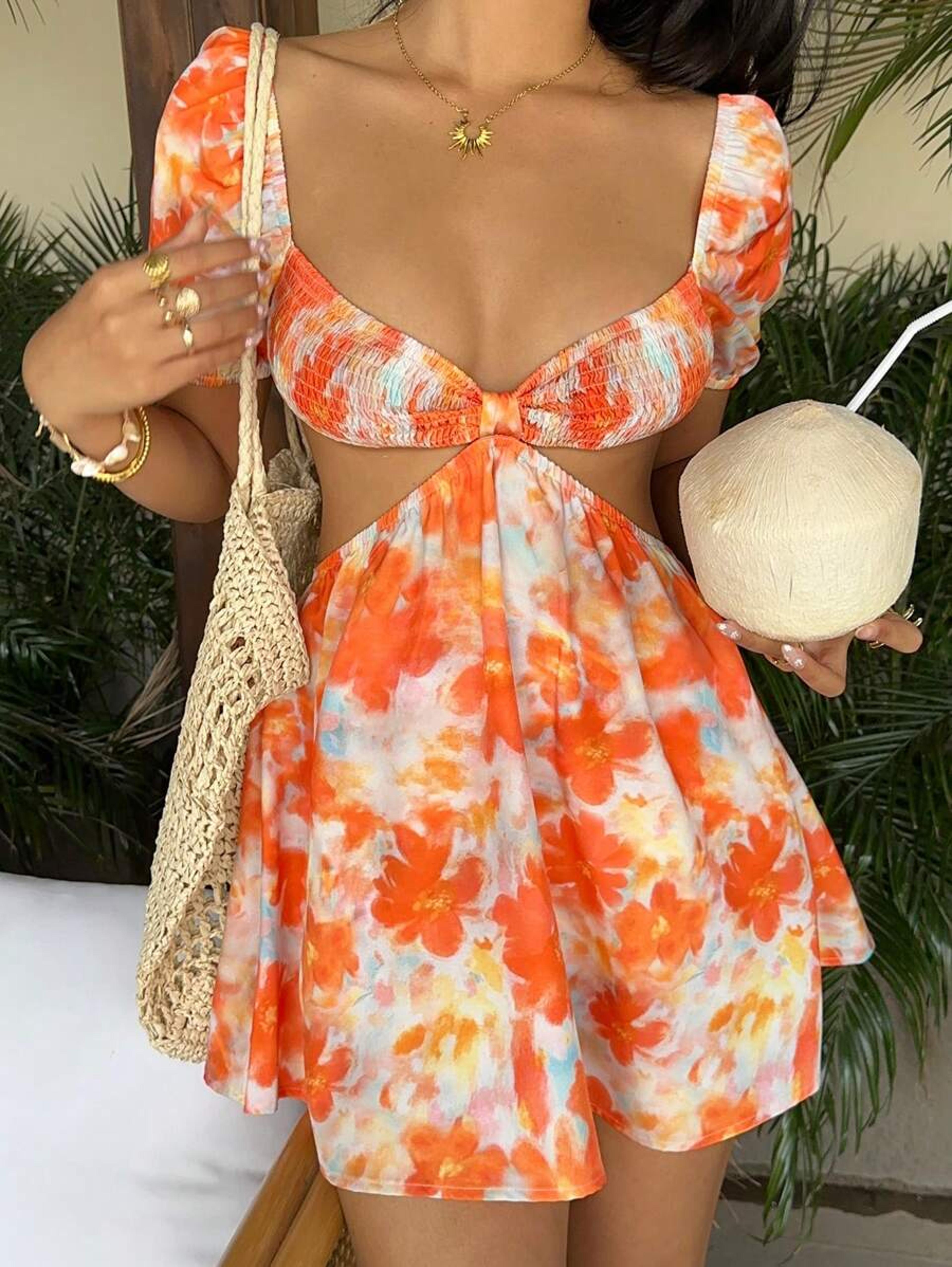 floral mini dress for women summer vacation puff sleeve tie dye casual party dress