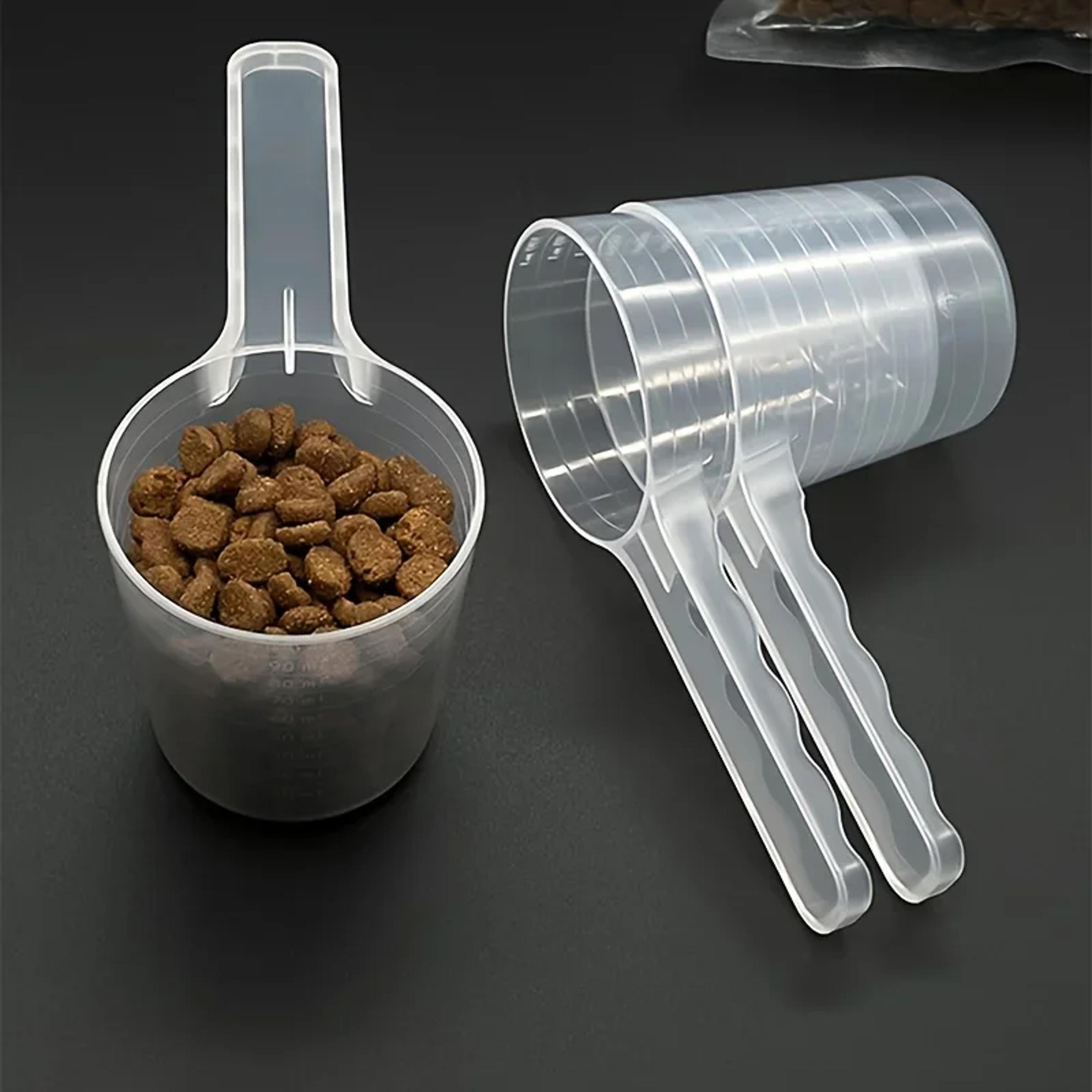 transparent pet food scoop with measuring scale for dog & cat food portions