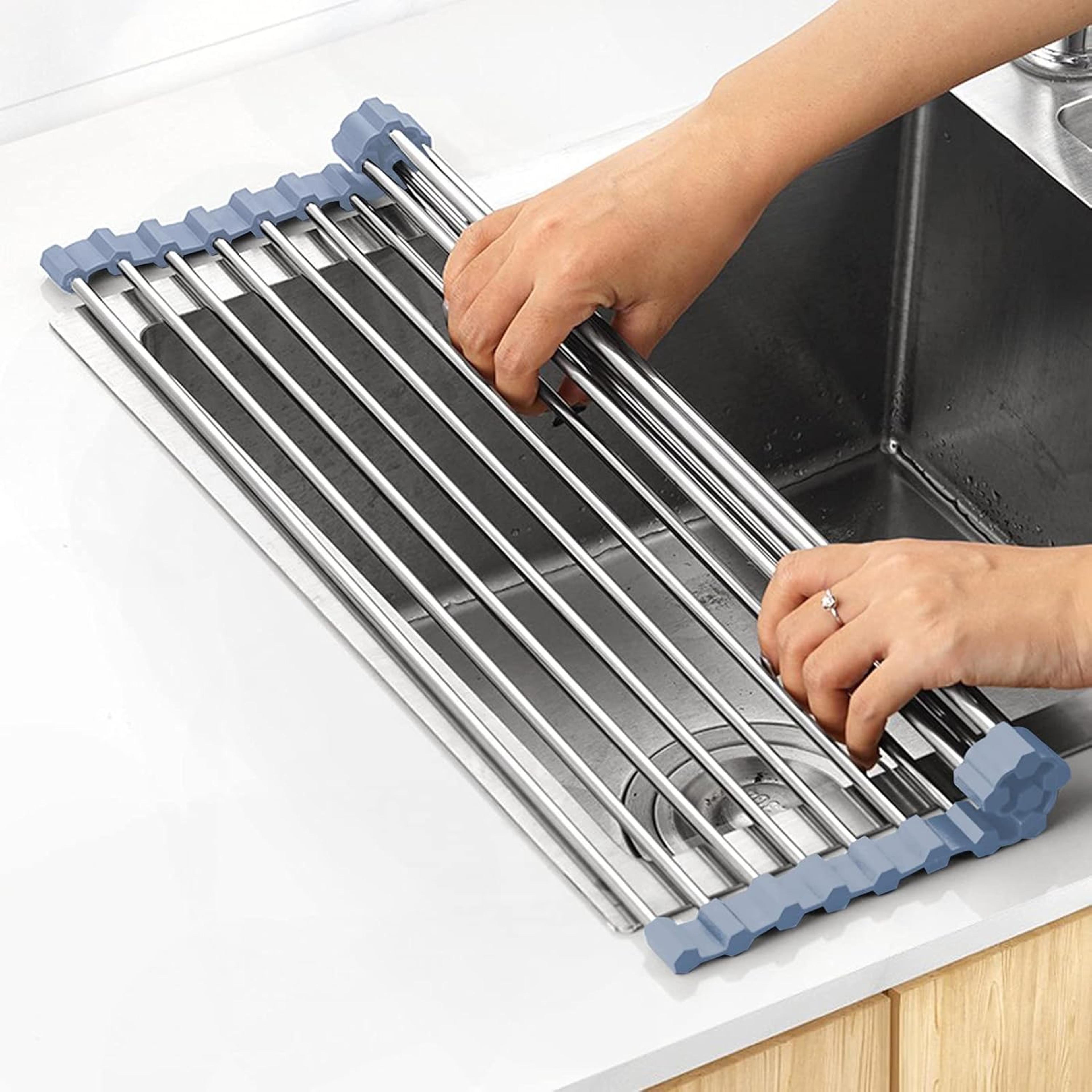 space saver over sink dish drying rack roll up stainless steel foldable kitchen drying rack