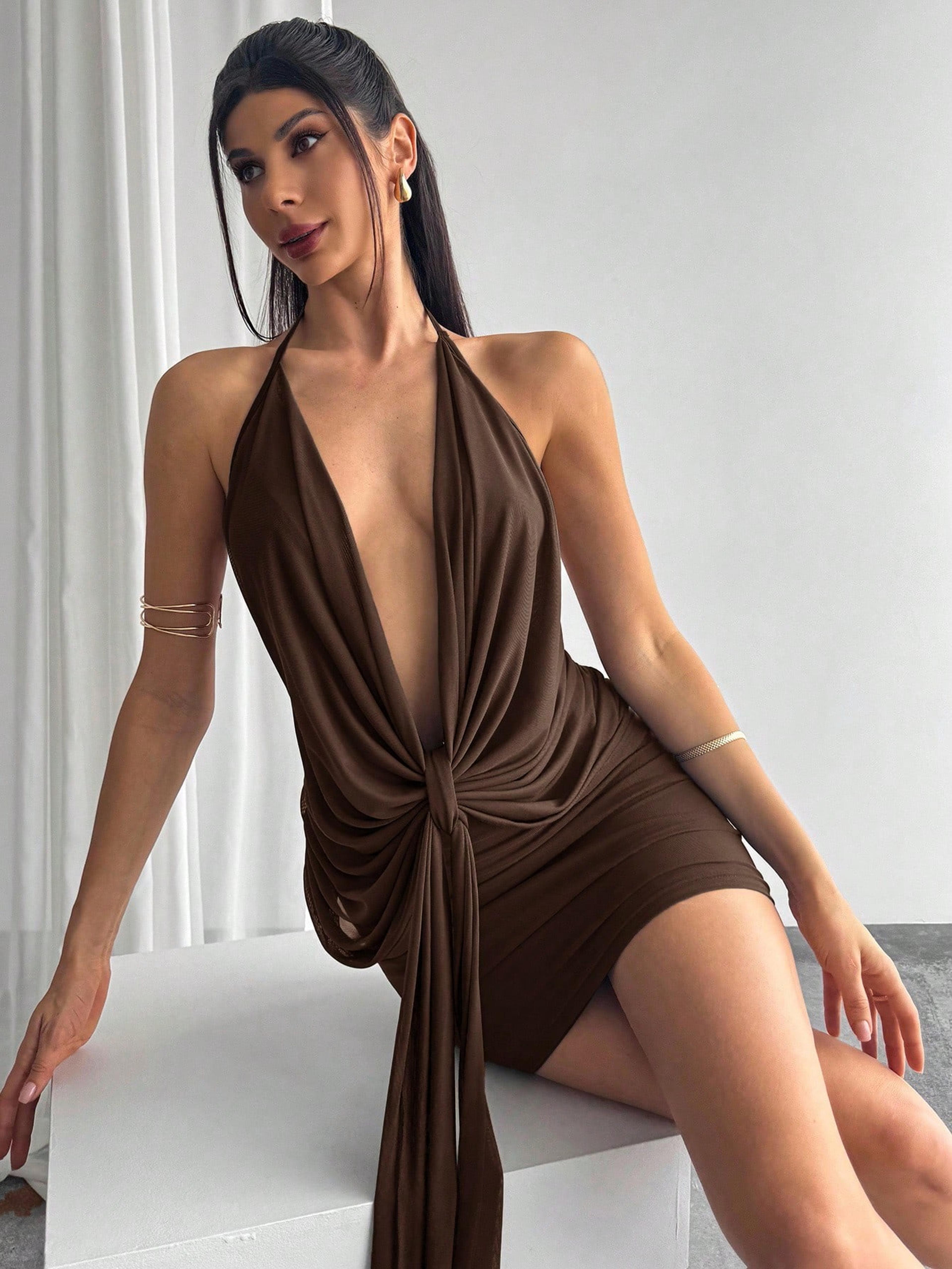 backless bodycon deep v neck ruched party mini dress for women