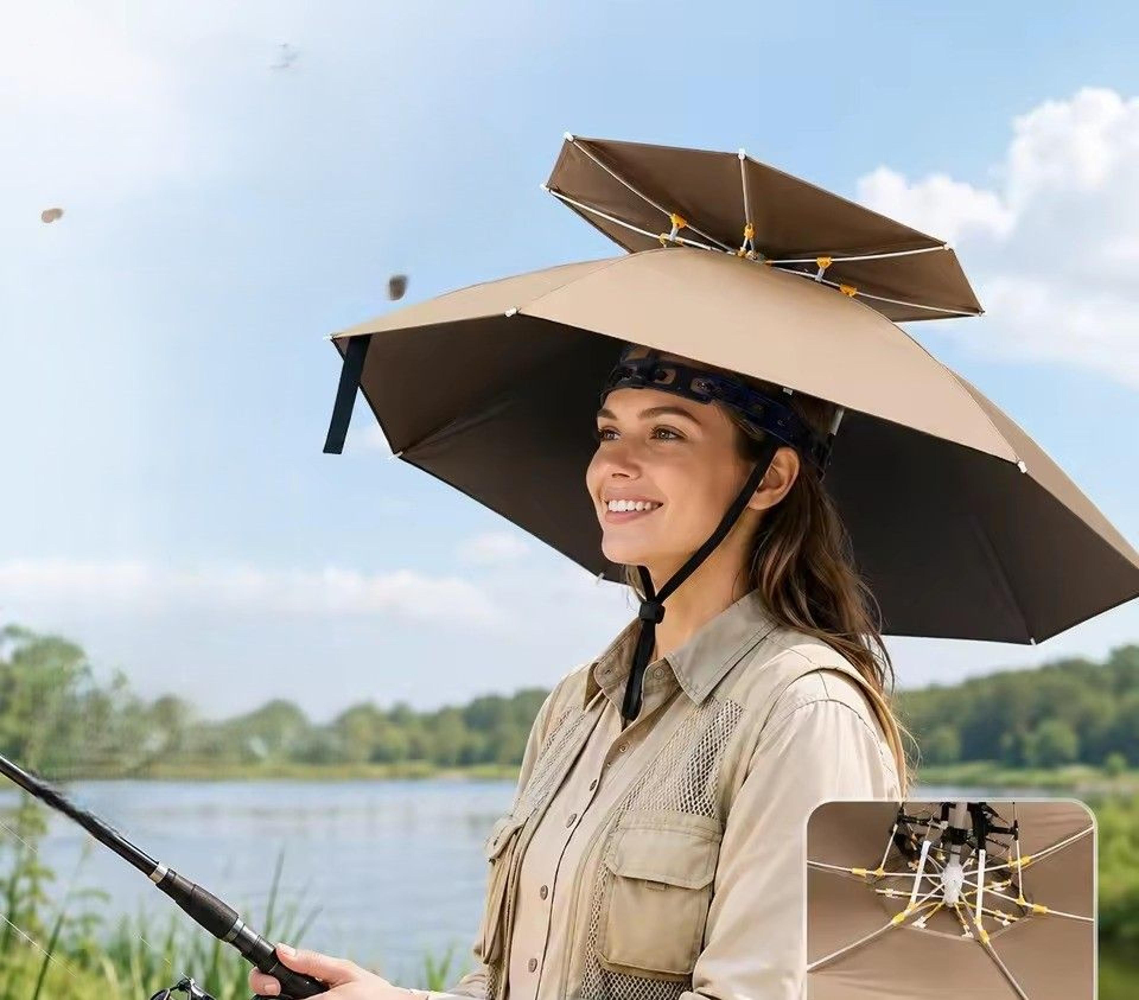 hands free umbrella hat with adjustable headband for sun & rain protection