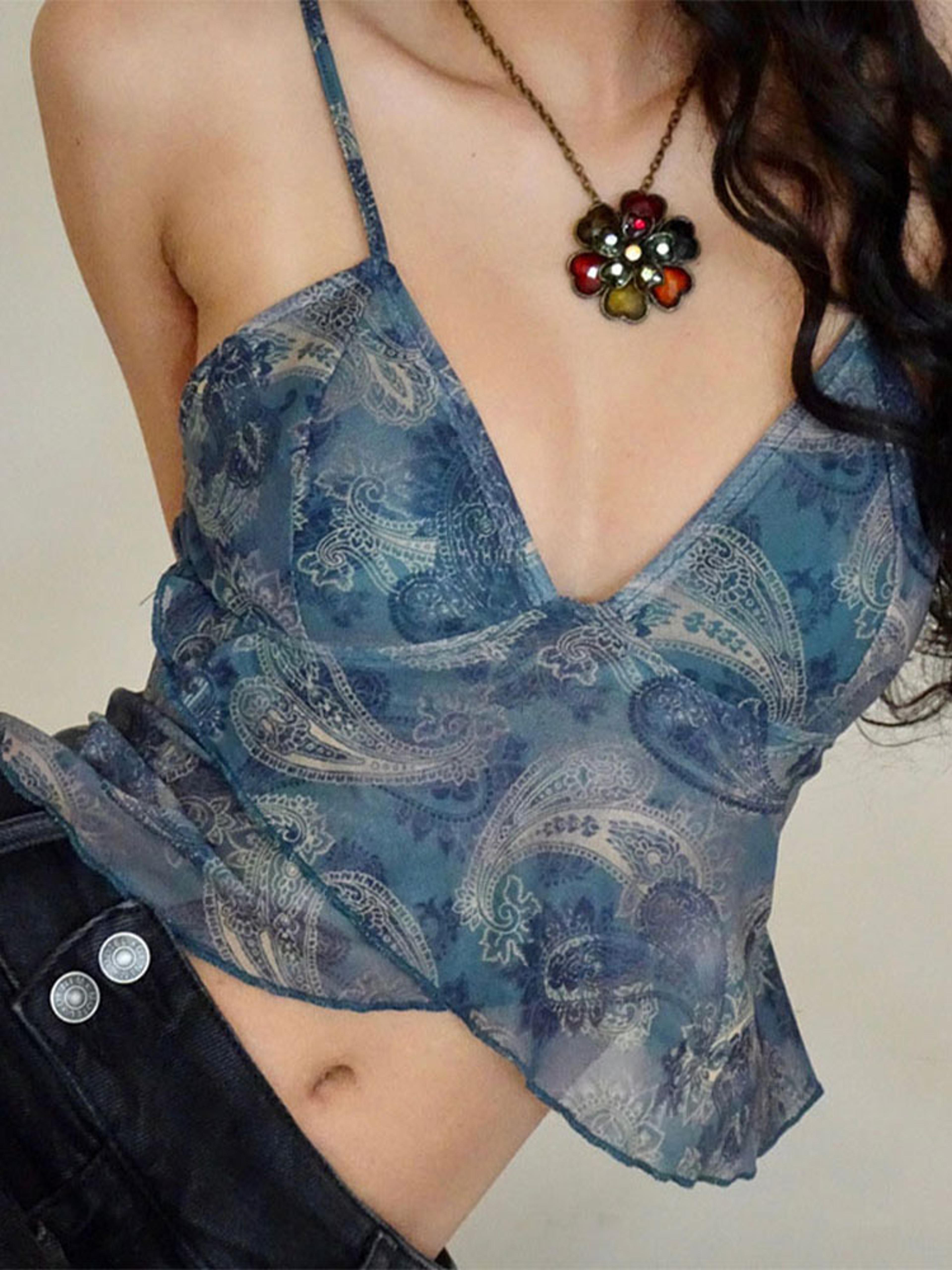 sheer printed mesh tank top for women v neck streetwear camisole