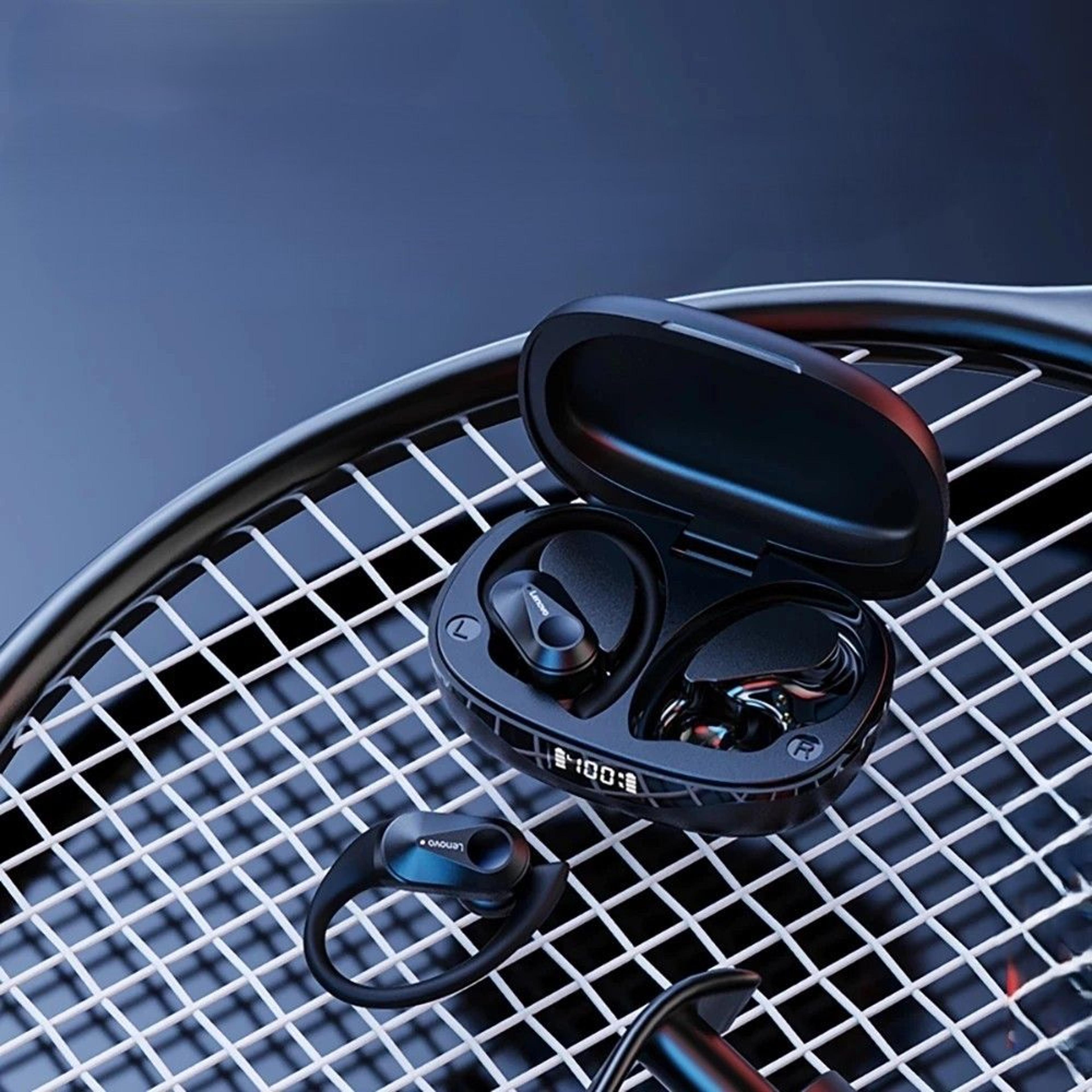 bluetooth earbuds with secure earhooks, enc calls & led display for sports