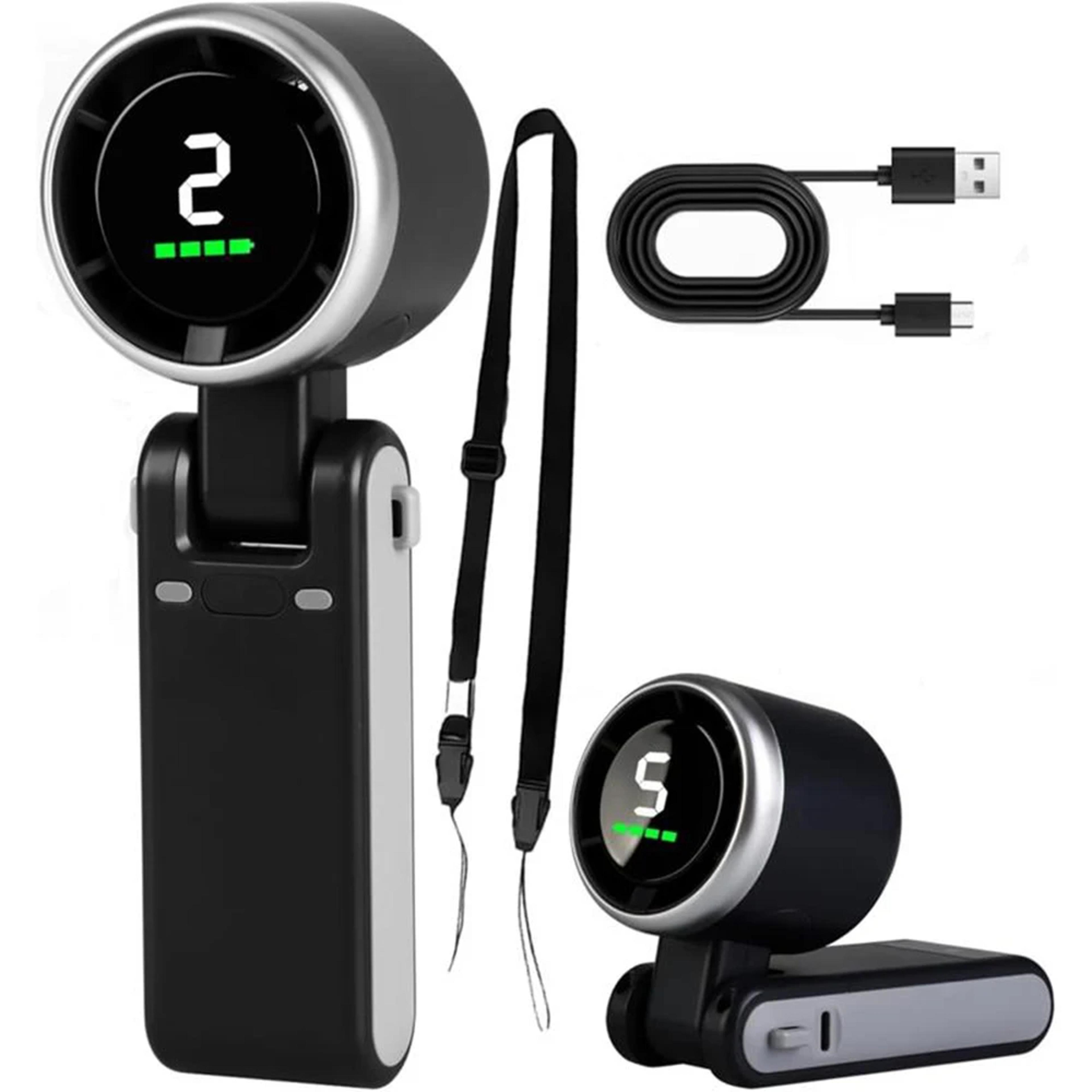 turboflow handheld fan with digital display, speeds, foldable rechargeable fan usb c