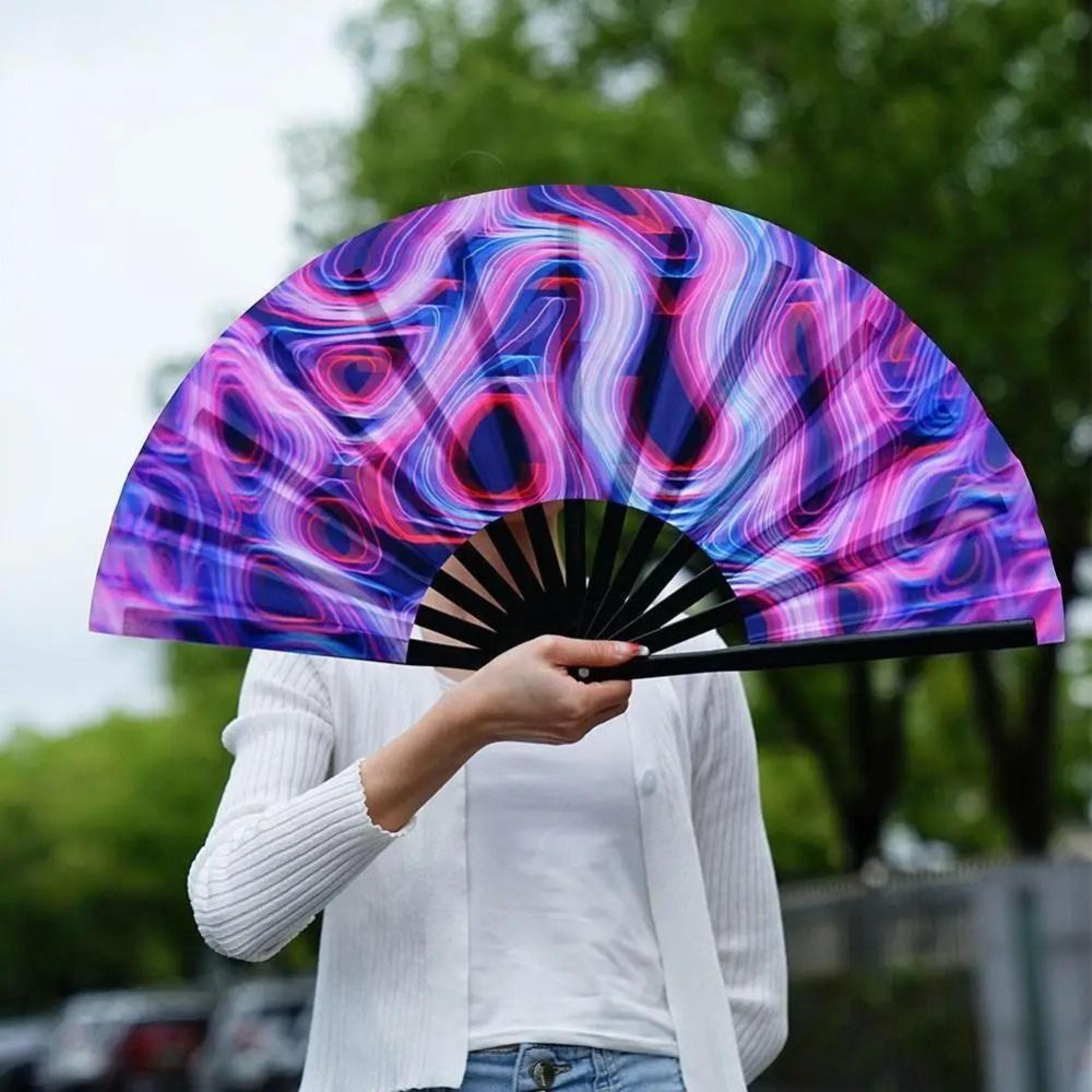 led rave fan with lights rainbow folding hand fan for festivals, dance & parties