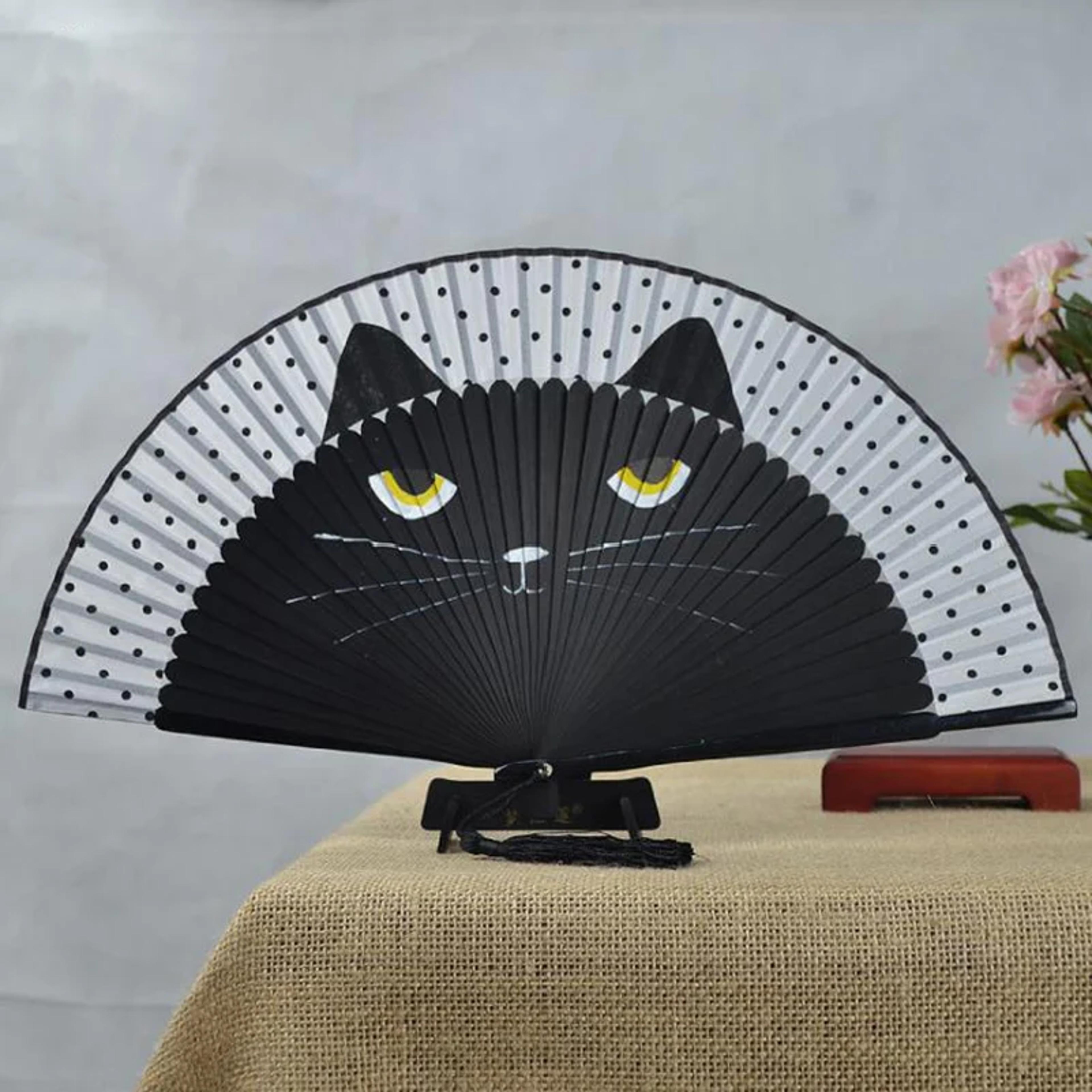 cute cat folding fan silk hand fan in japanese style for women & girls