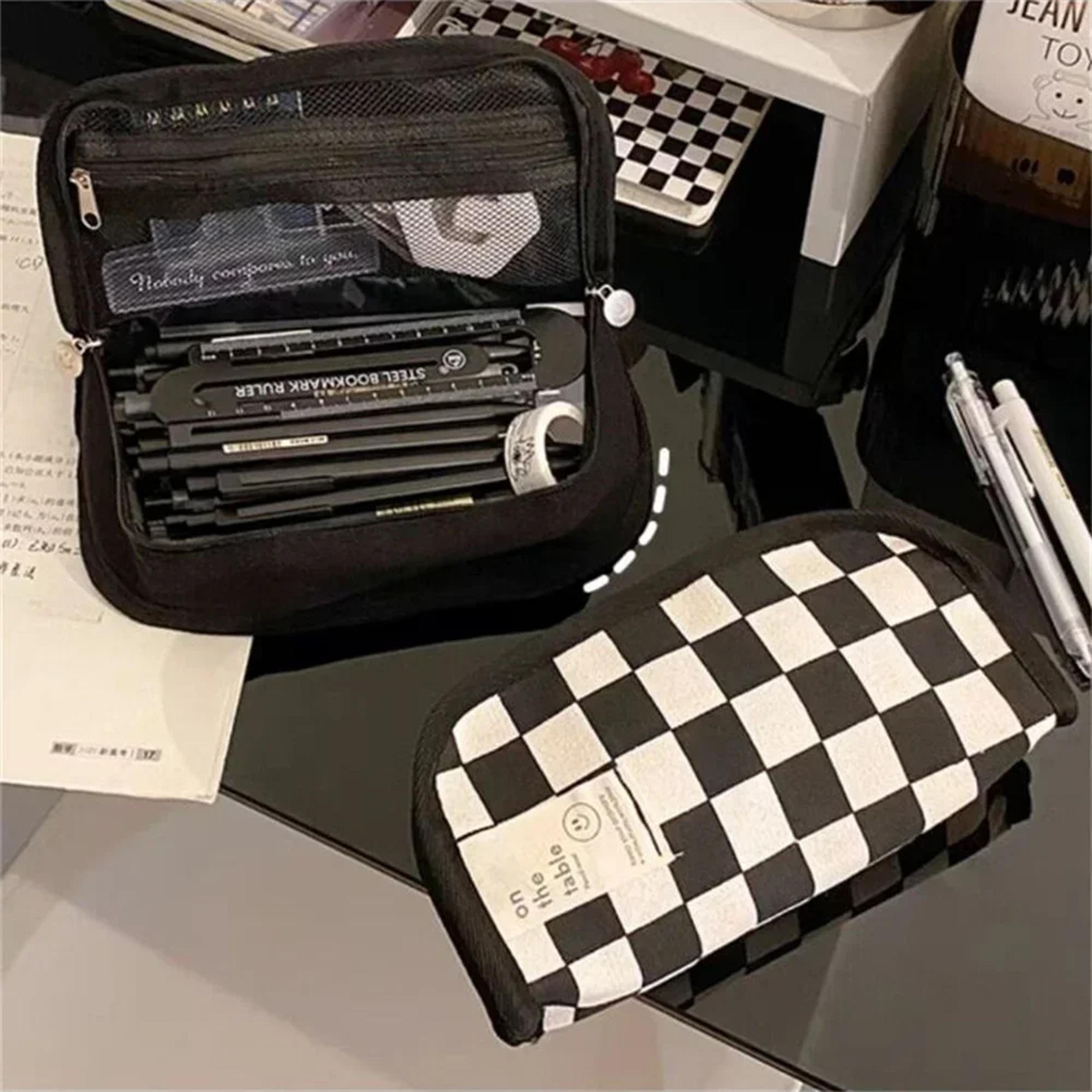 large capacity pencil case for students back to school backpack canvas checkerboard pencil pouch