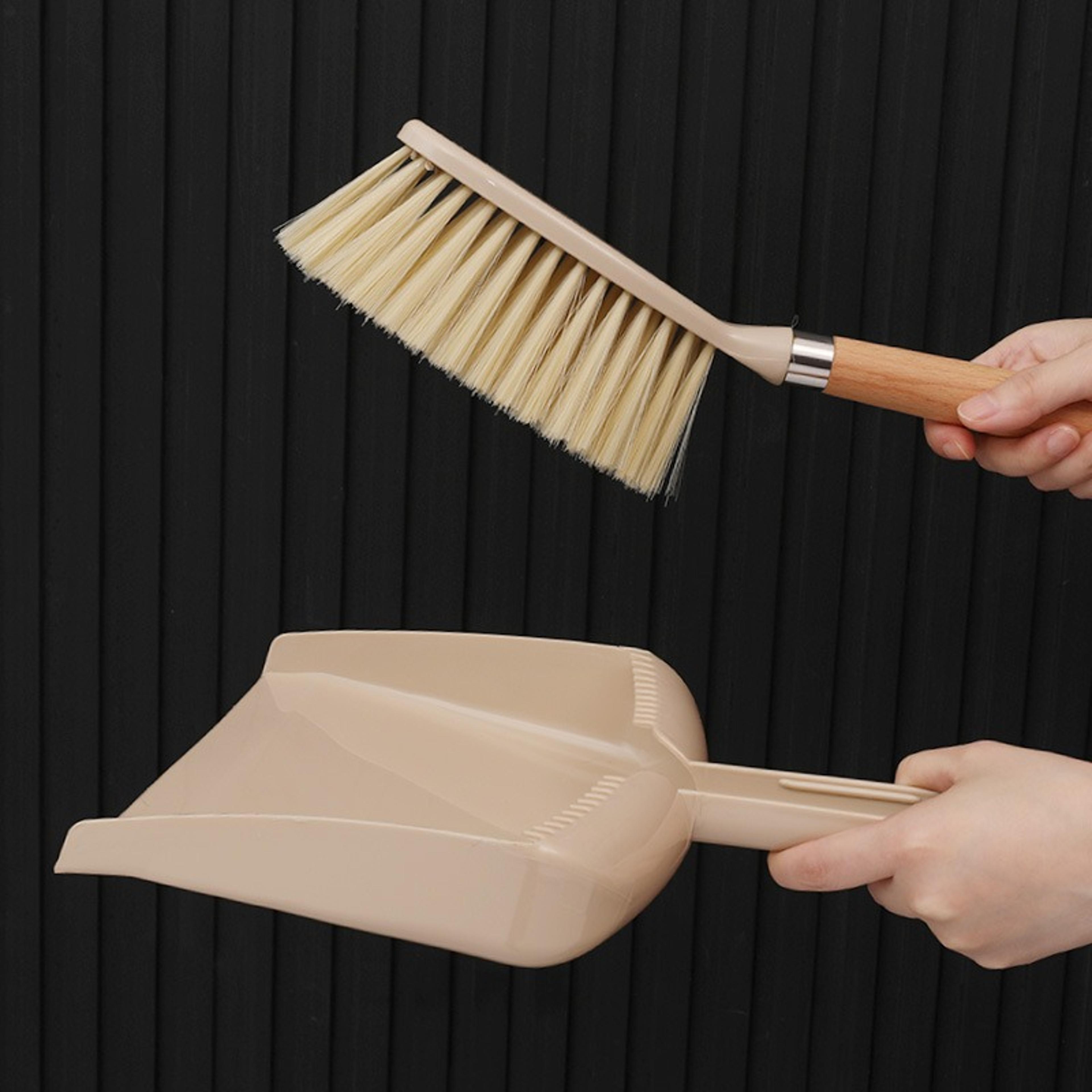 compact mini dustpan and brush set with wooden handle for desktop cleaning