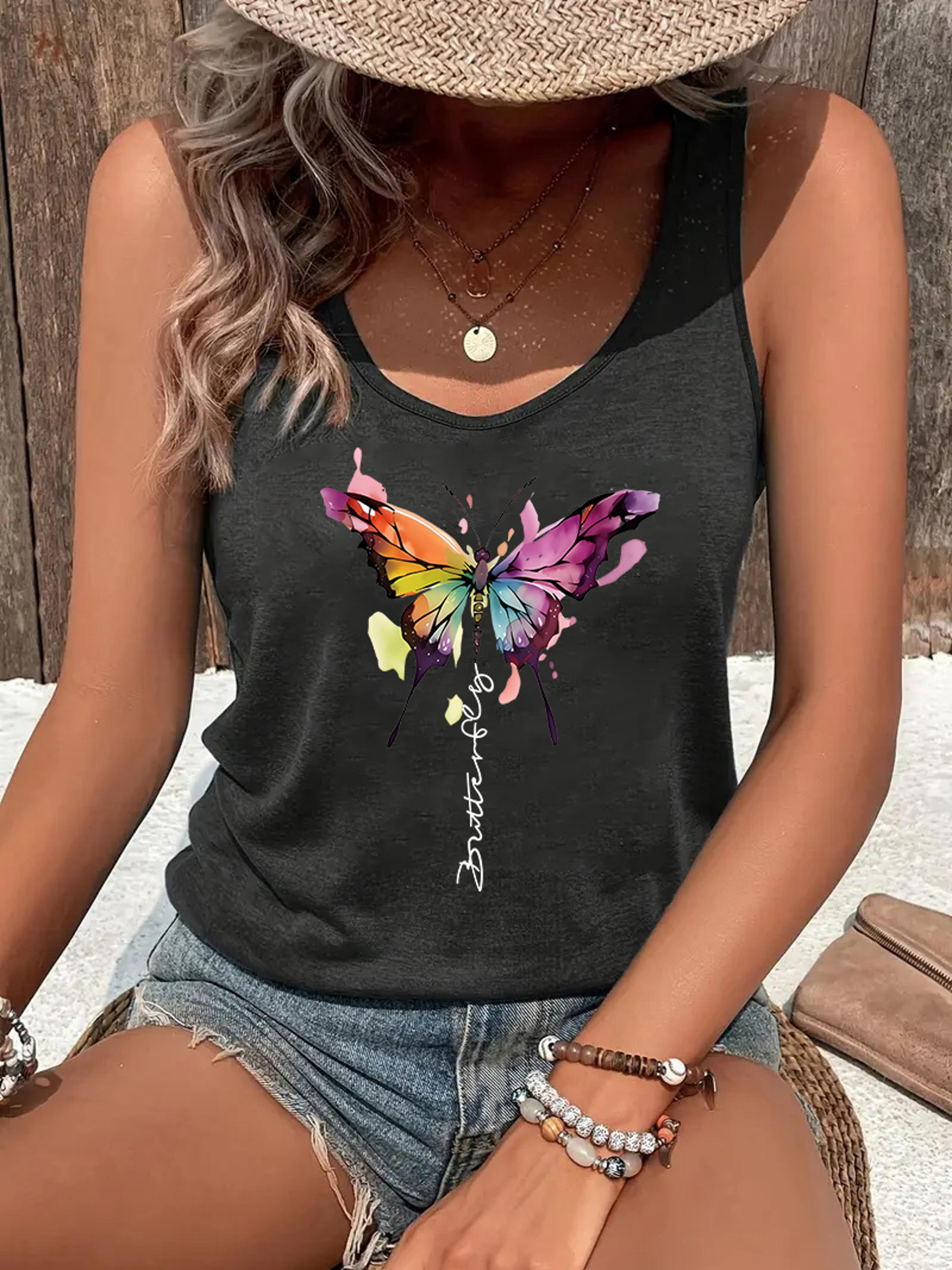 butterfly print tank top for women casual summer crew neck sleeveless shirt
