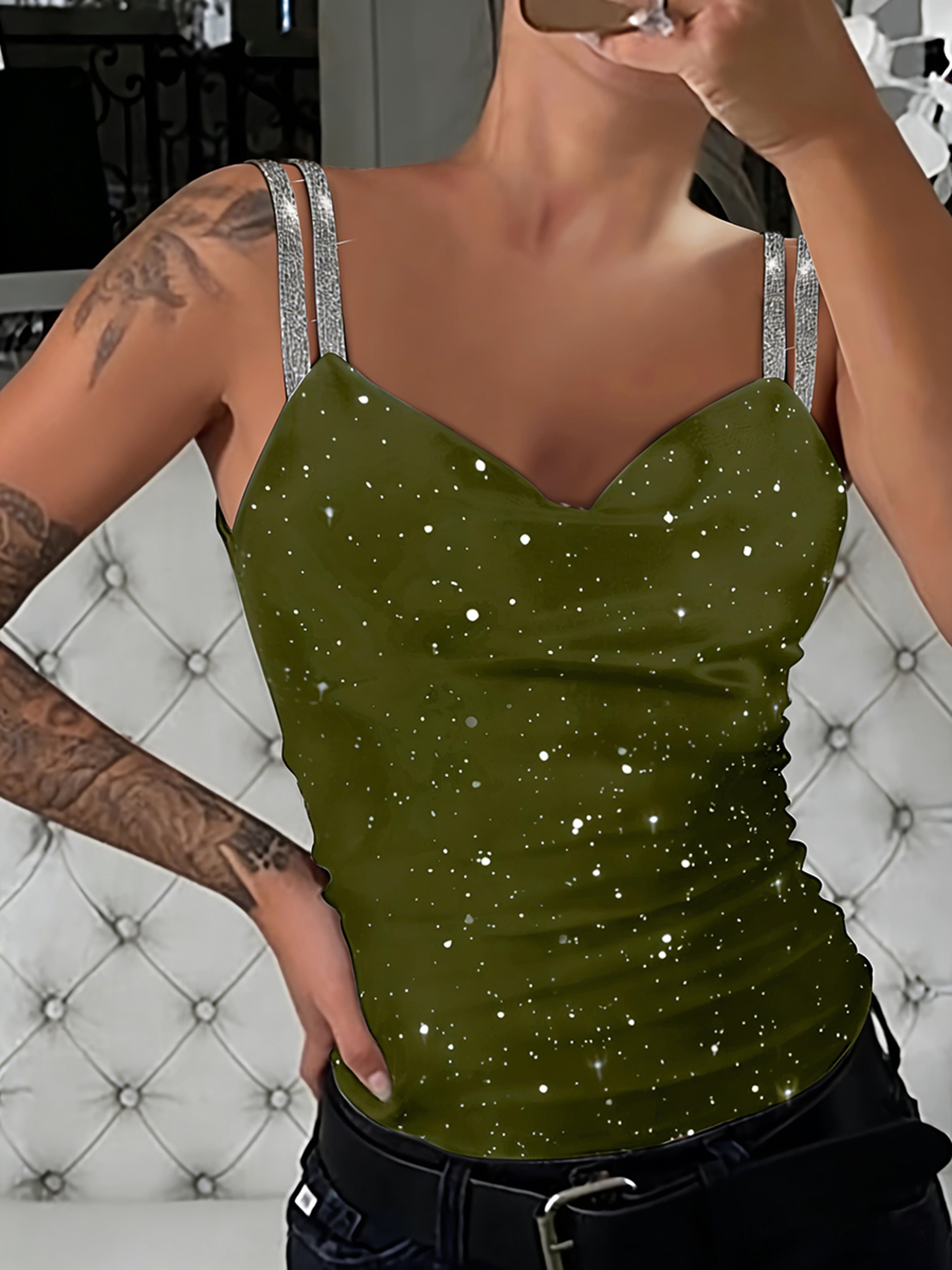 luxe rhinestone tank top satin ruched slim fit cami for women party & summer wear