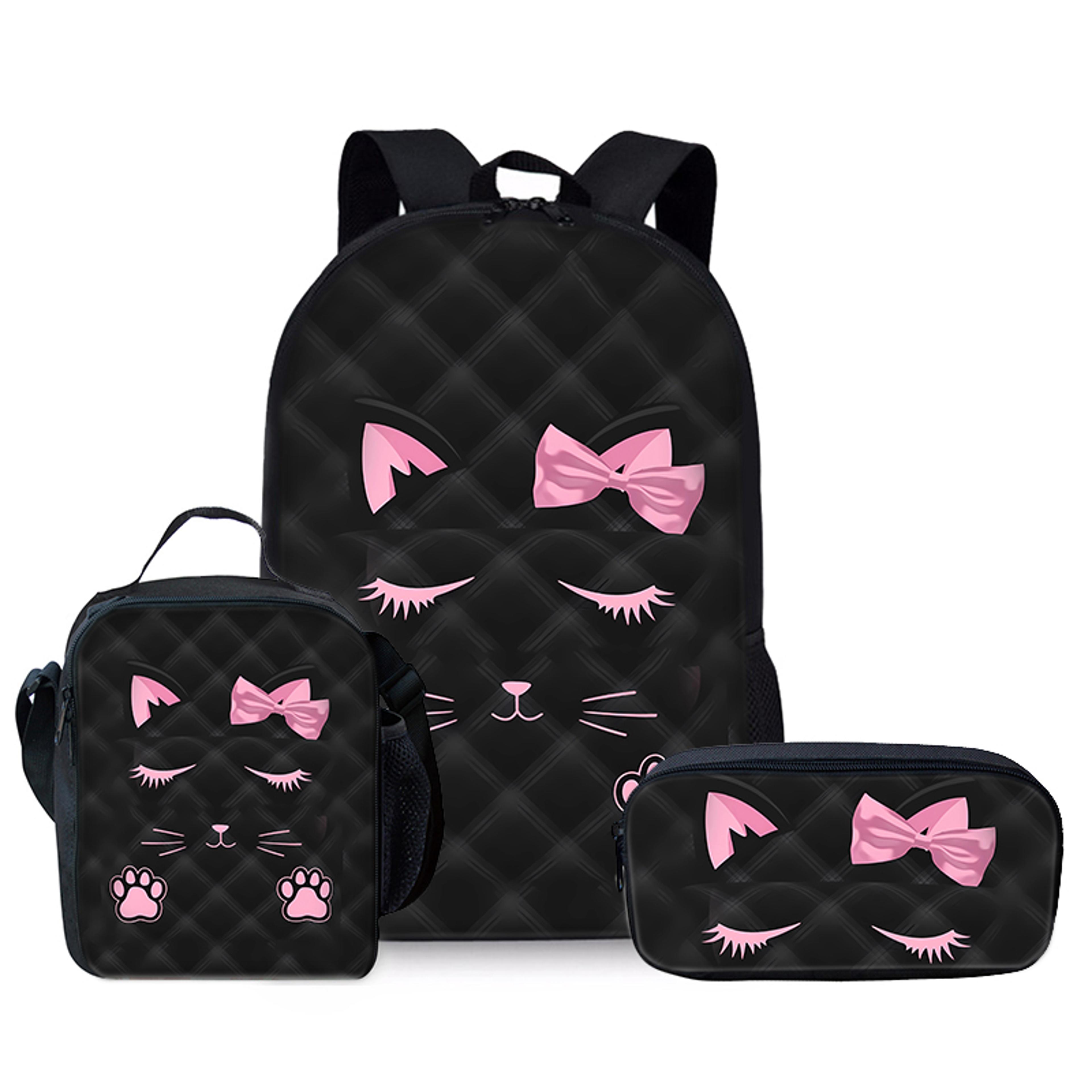 pink cat kids backpack set for back to school cartoon school backpack with lunch bag & pencil case