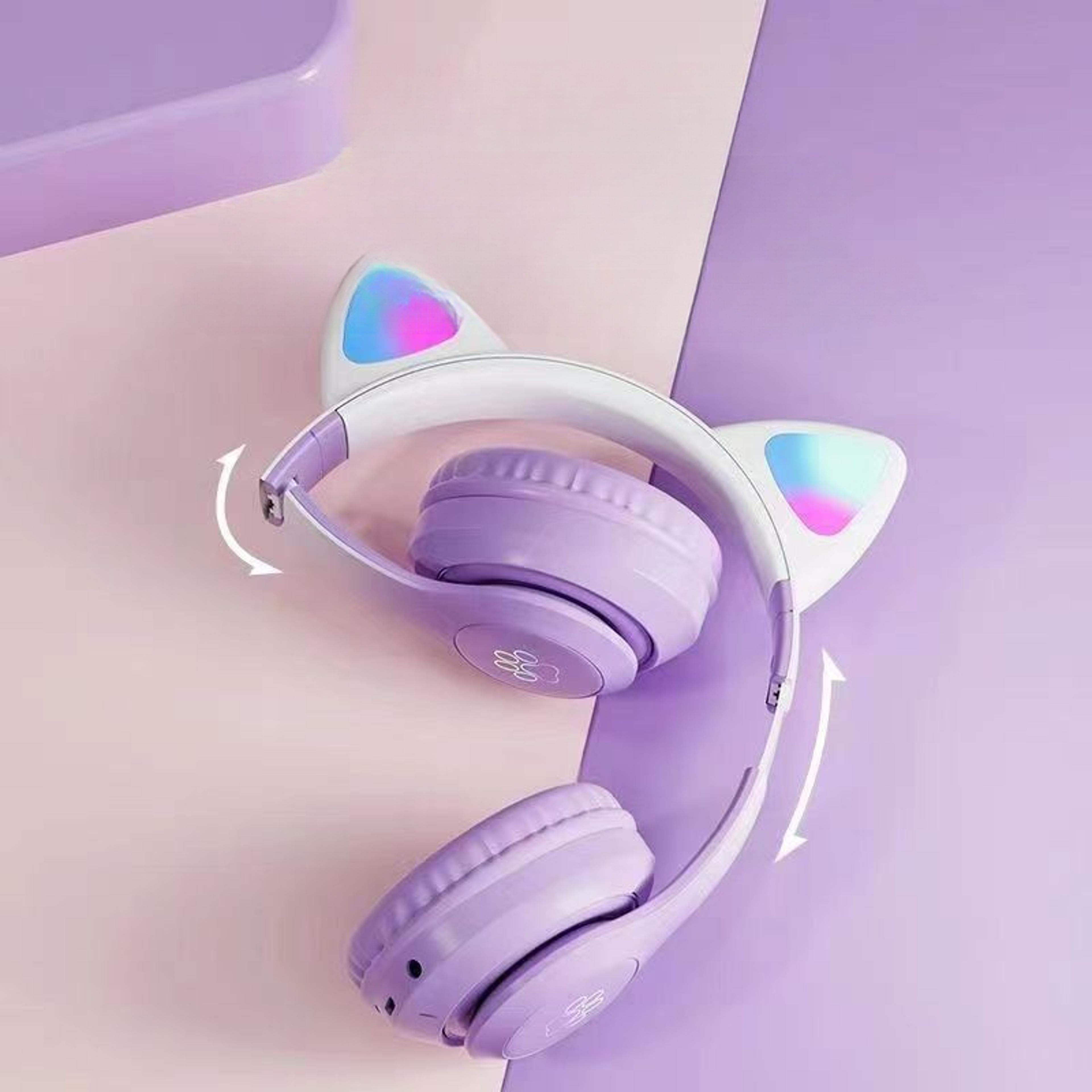 lumi cat led cat ear bluetooth headphones wireless over ear gaming headset with mic & tf card