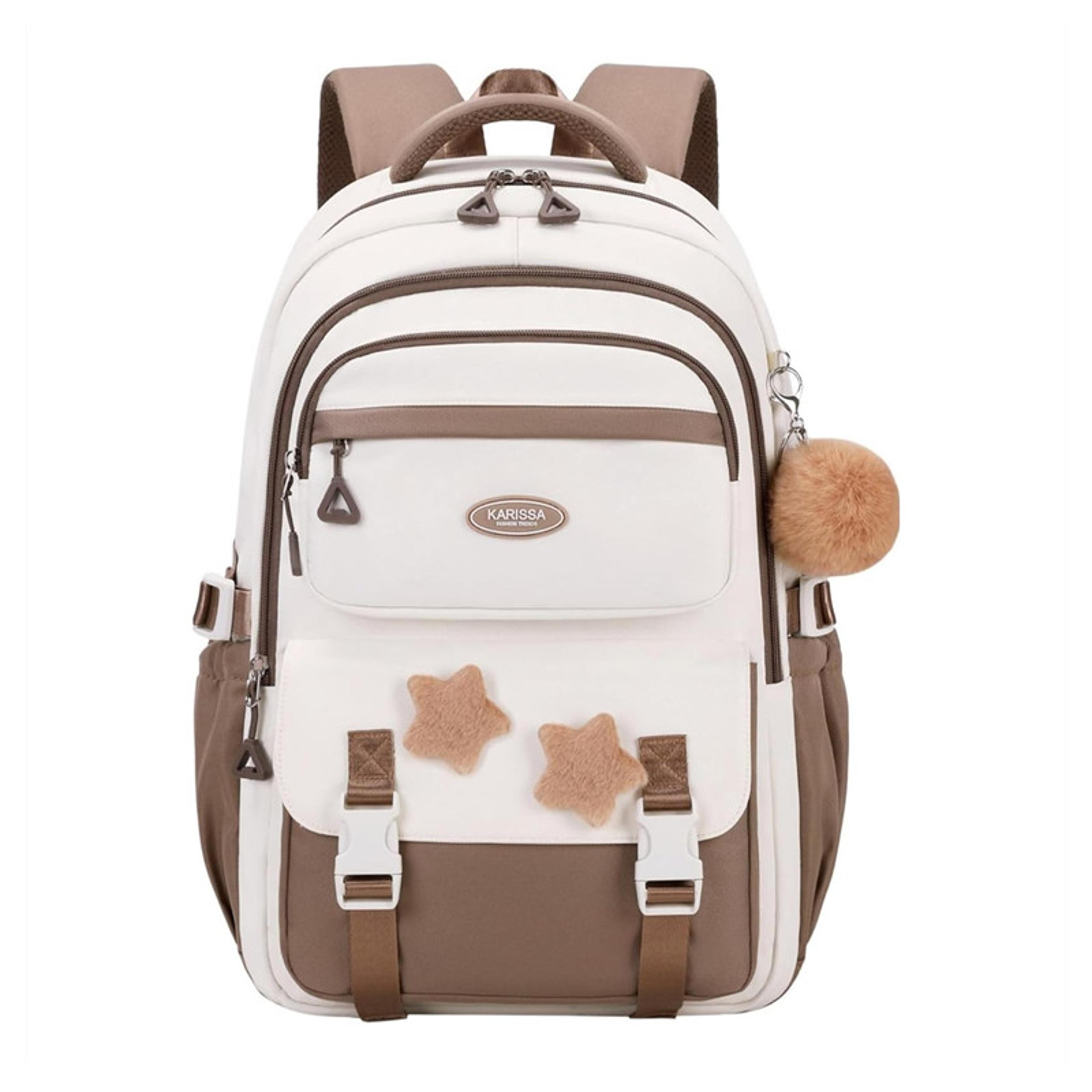 cute girls school backpack with star pins & furry charm, back to school backpack for teen girls