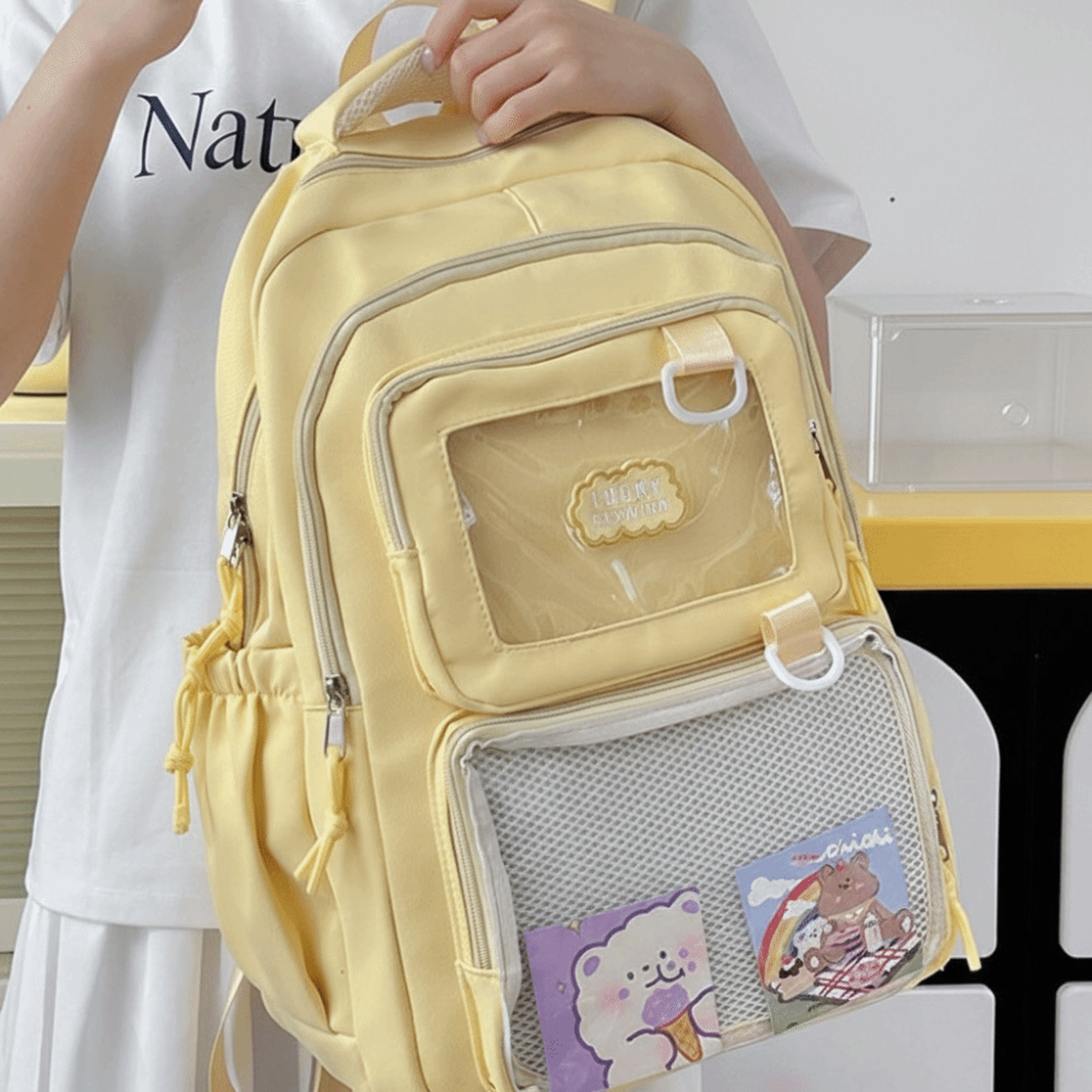 large capacity ita backpack with pin display window, back to school backpack, durable nylon school daypack