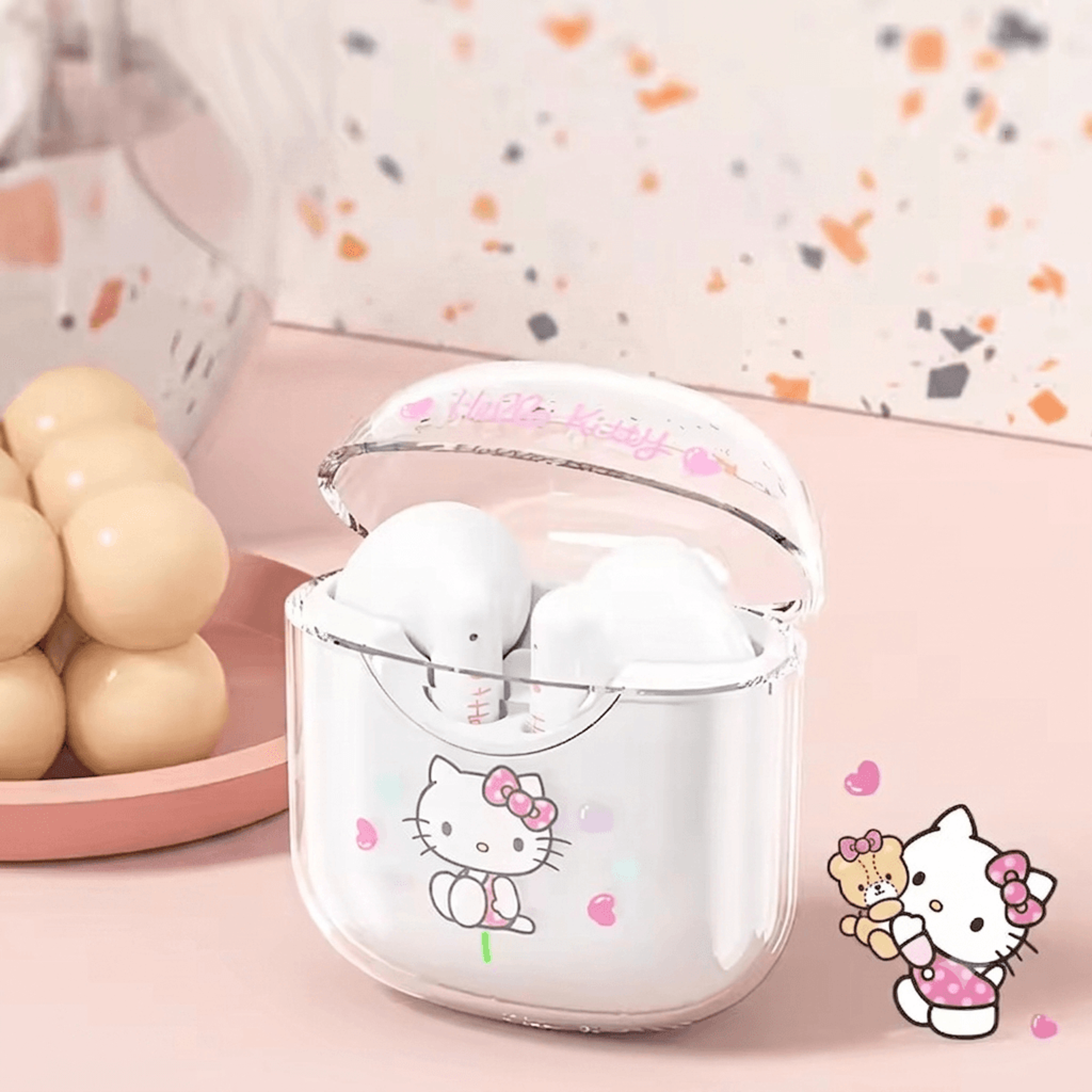 hello kitty wireless bluetooth earbuds with transparent charging case for smartphones