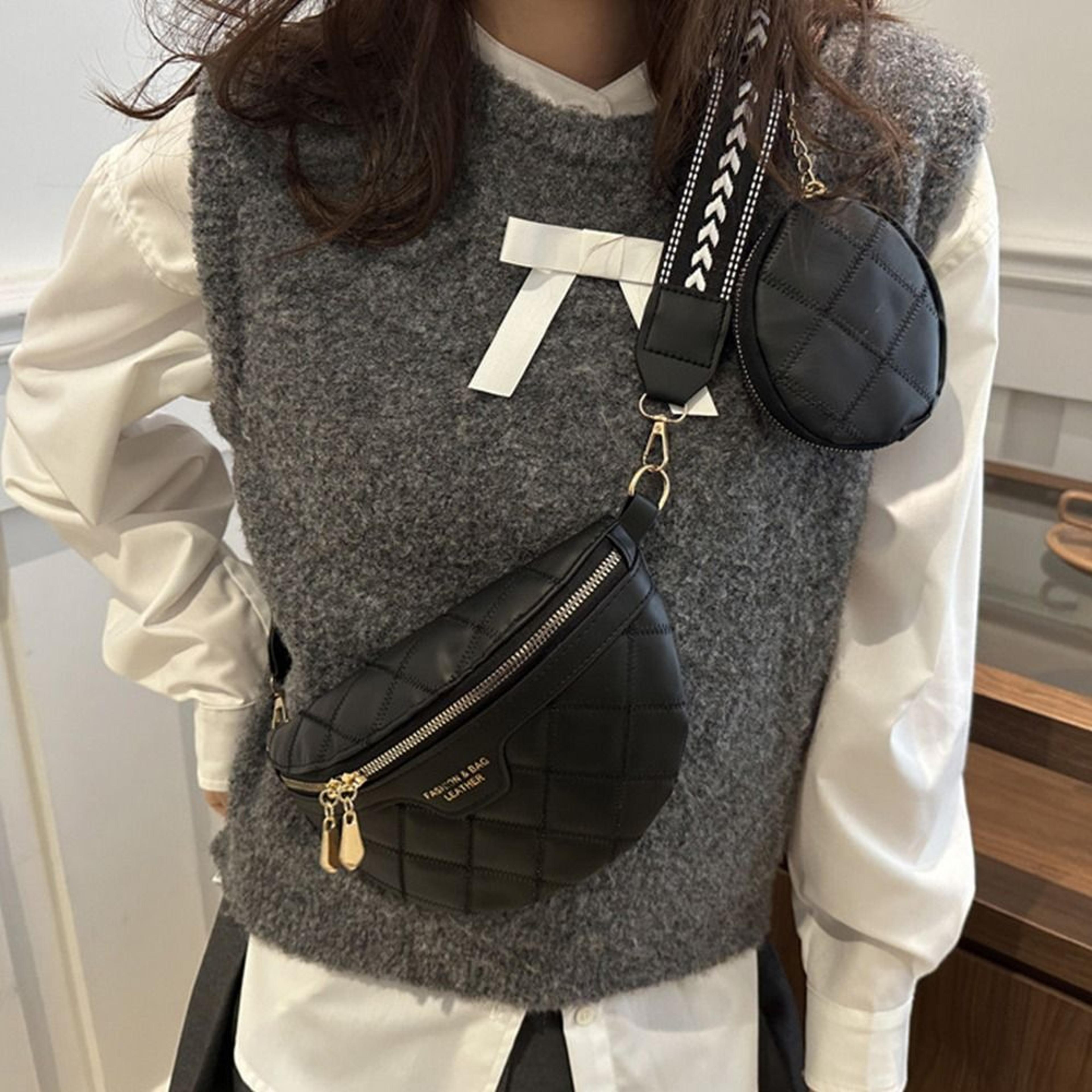 elegant woven crossbody chest bag with wide strap, pu leather shoulder purse