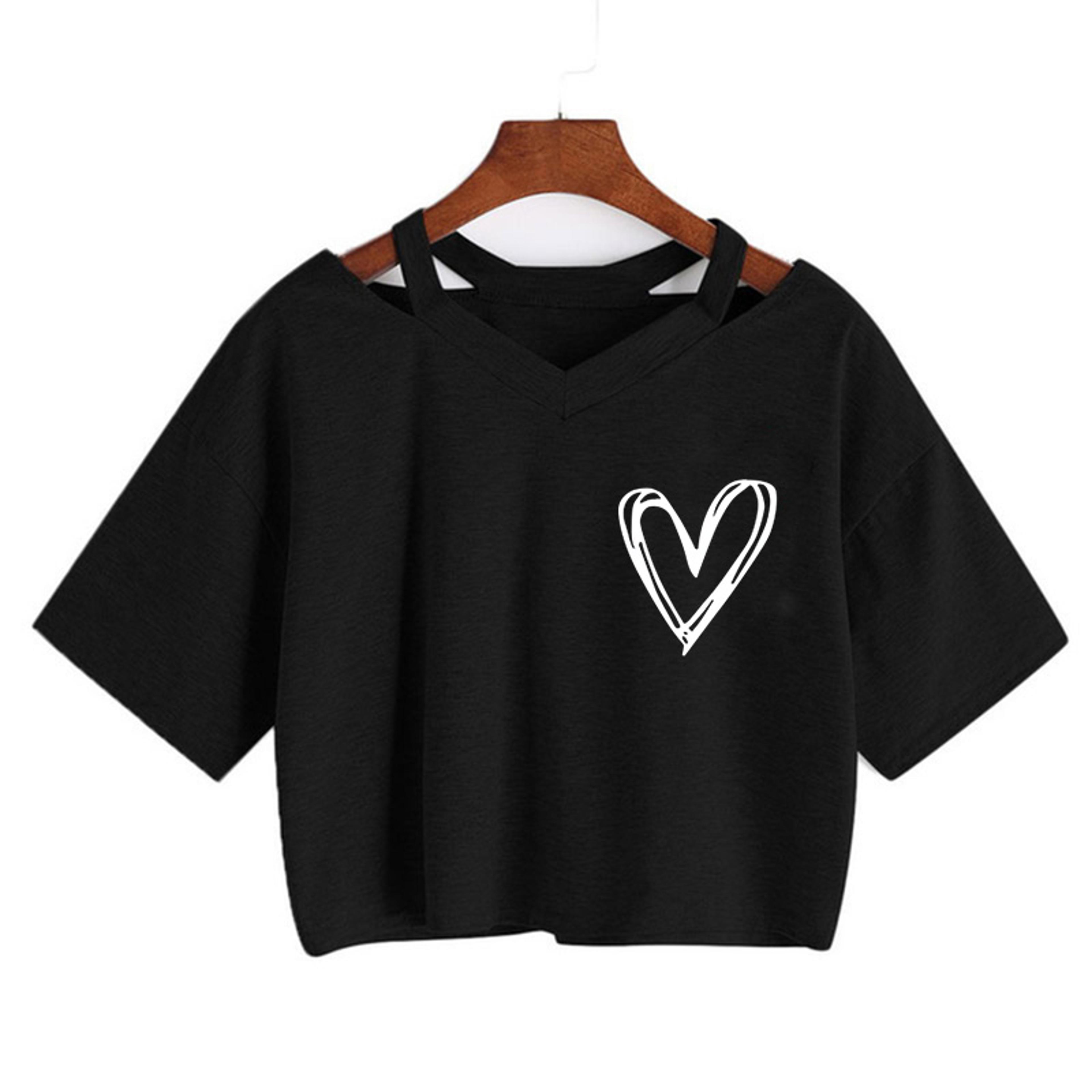 heart print drawstring crop top for women slim fit graphic tee