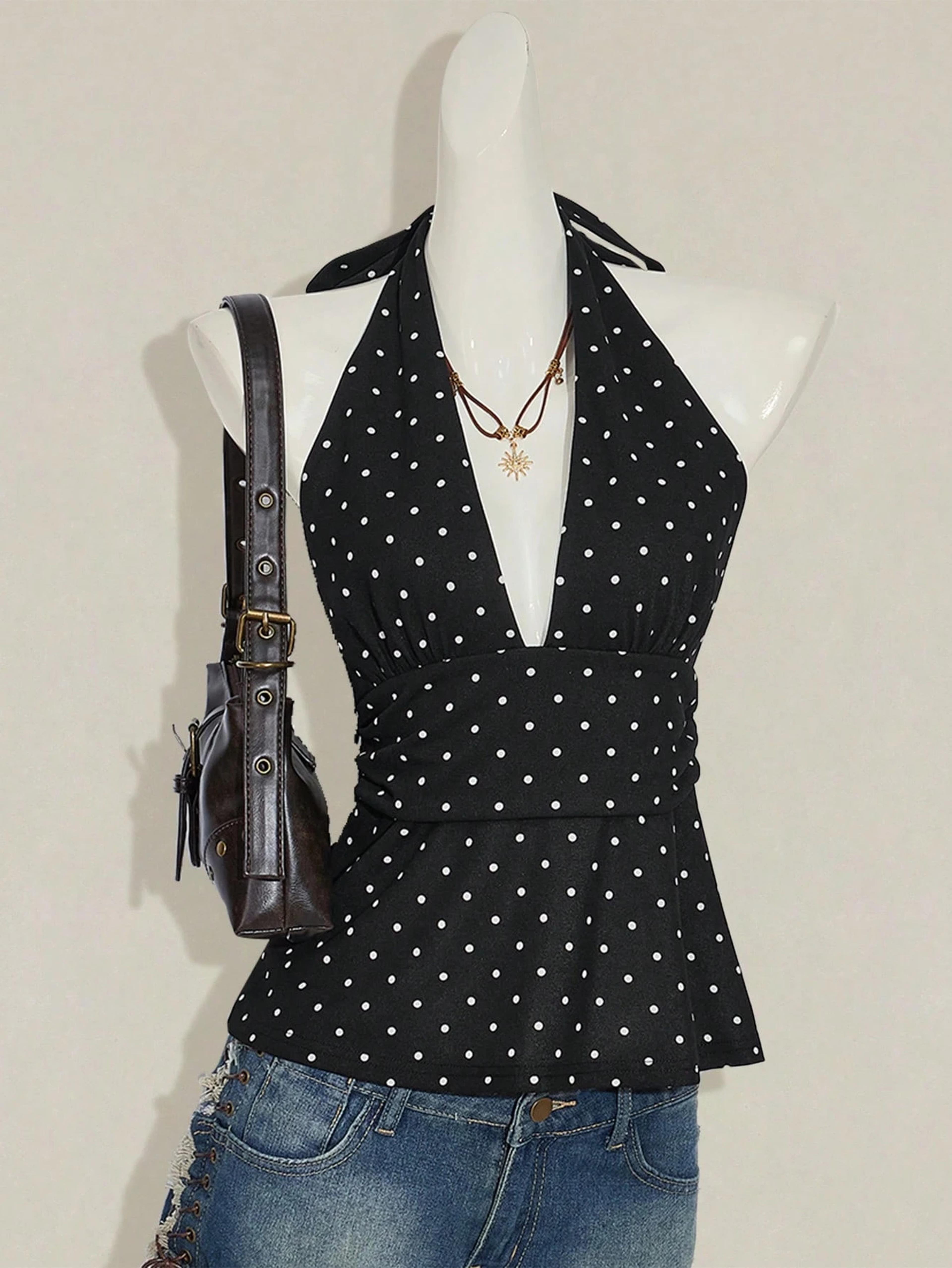 effortless charm polka dot backless top with adjustable halter neck