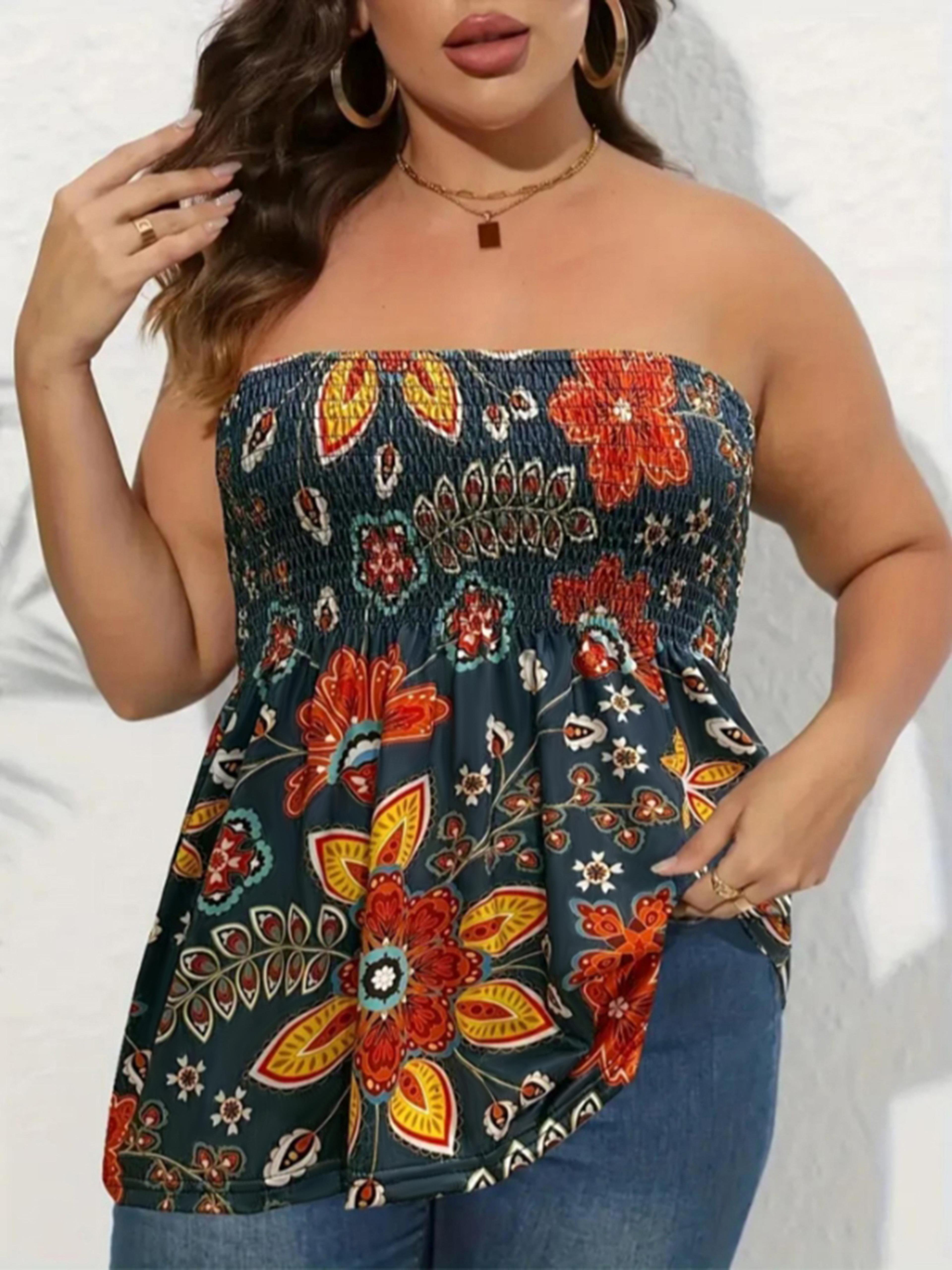 plus size summer beach floral strapless bandeau top