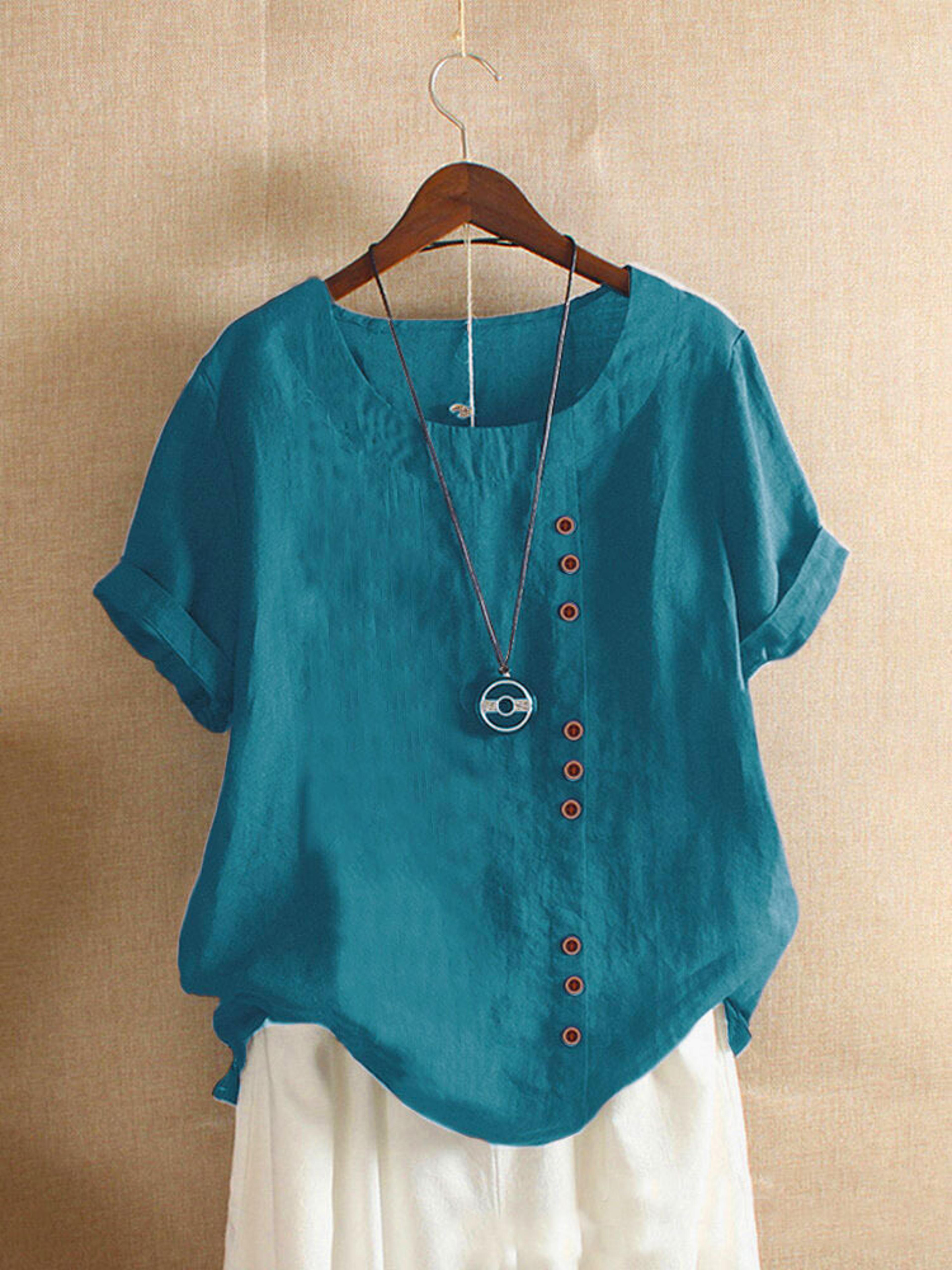 vintage harajuku button t shirt linen casual short sleeve loose blouse