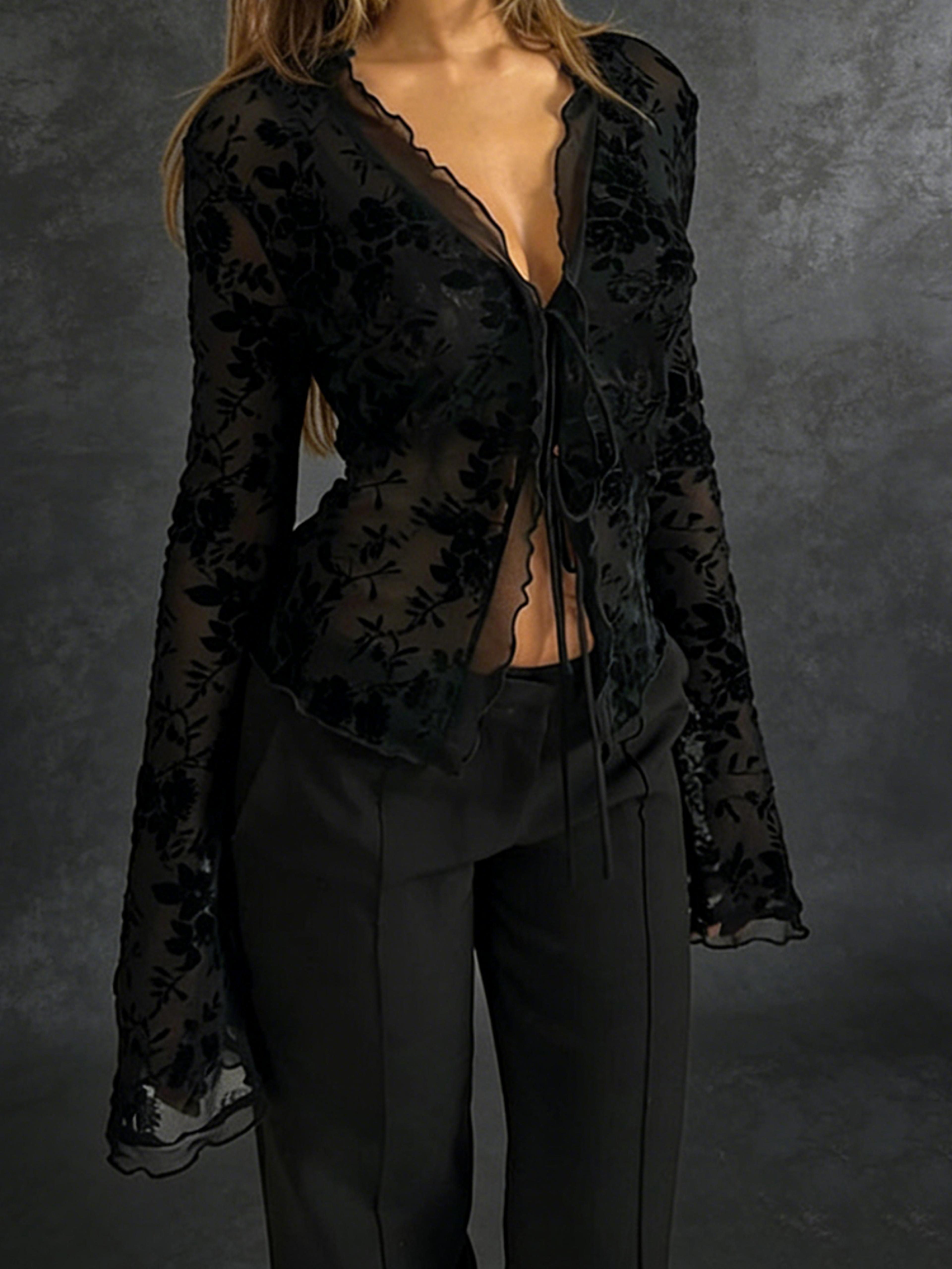 women's slim fit chiffon top with ruffle trumpet sleeves & elegant v neck blouse