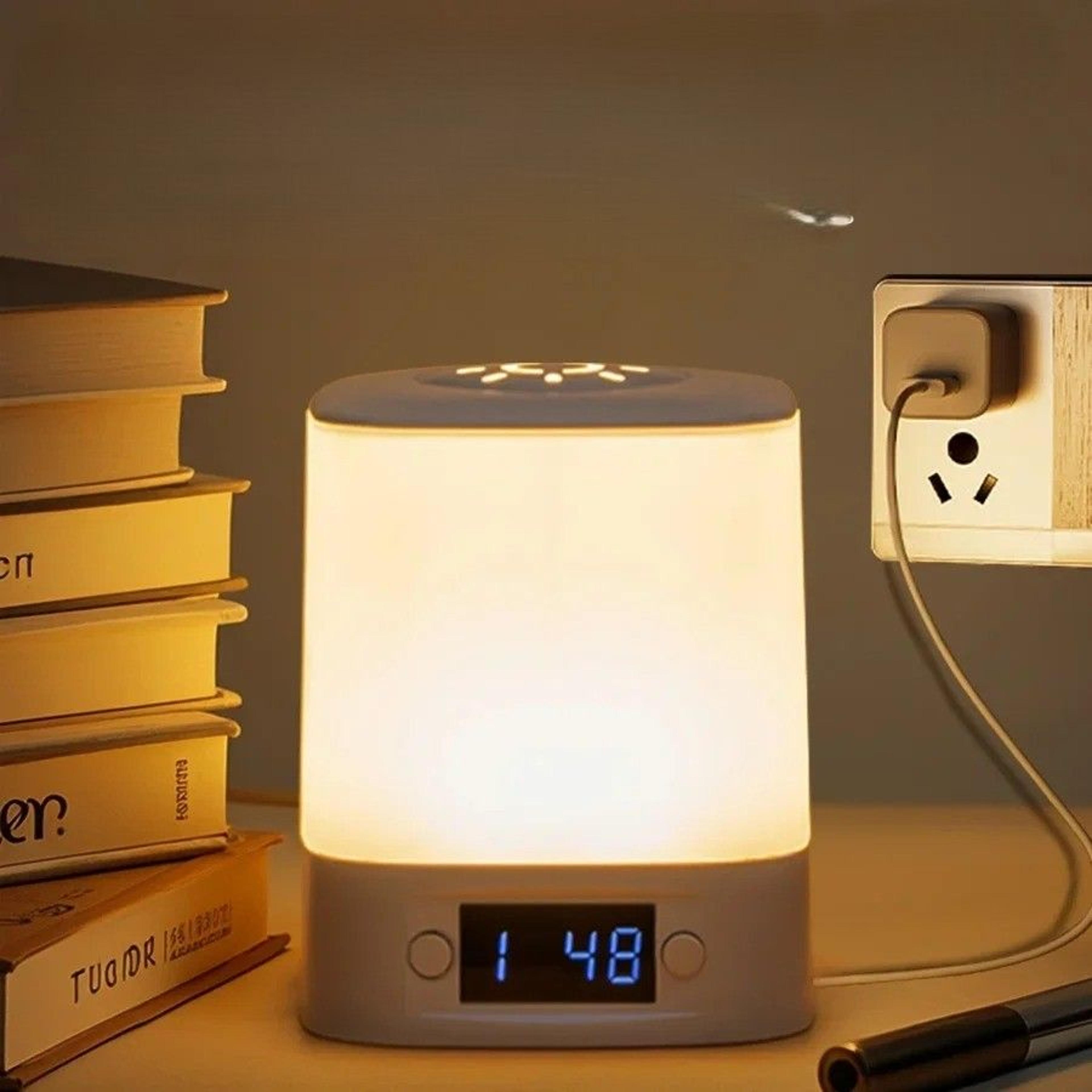 glow time led bedside lamp with clock display, remote control & rechargeable dimmable night light