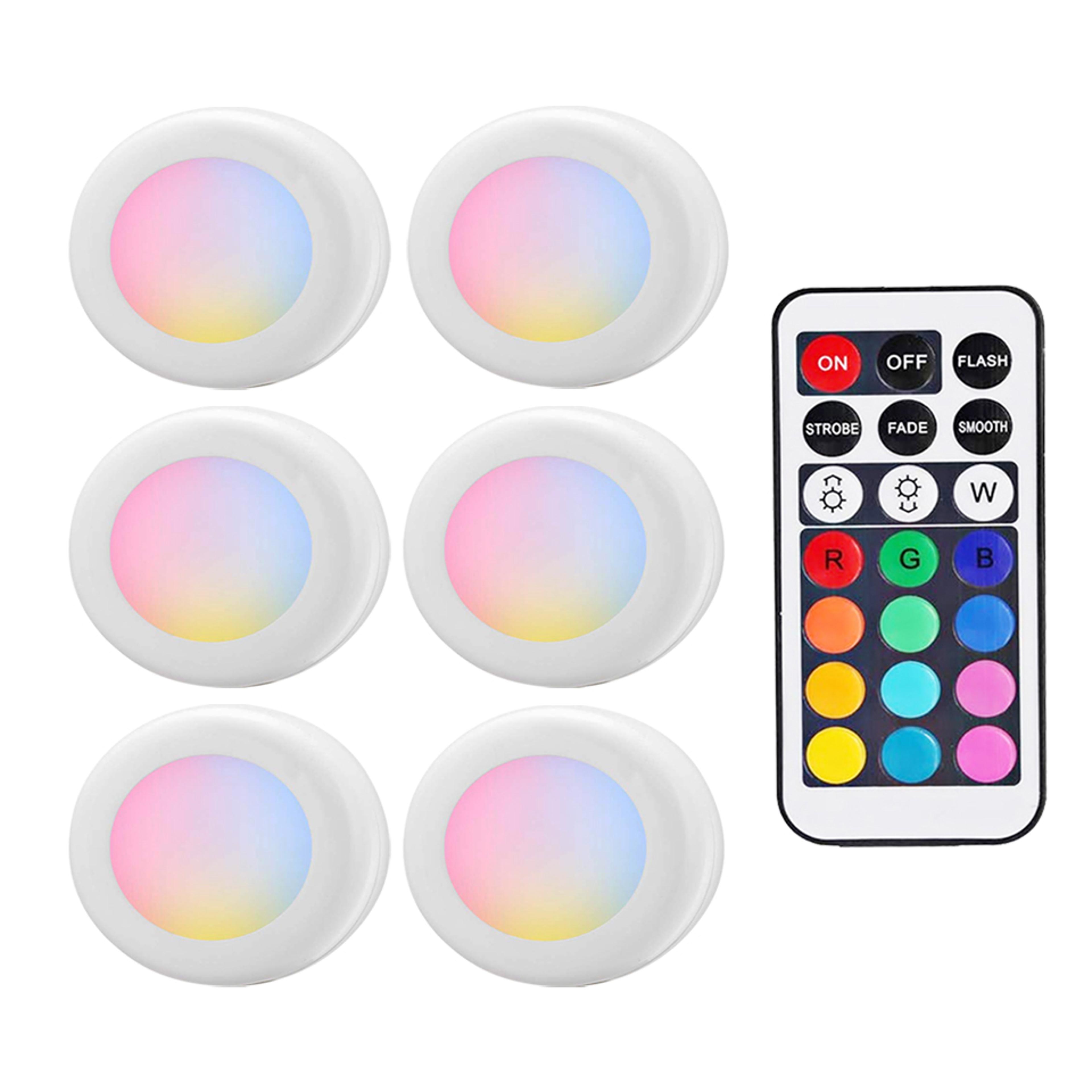 rgb led puck lights with remote battery operated under cabinet lights for kitchen, closet & display shelves
