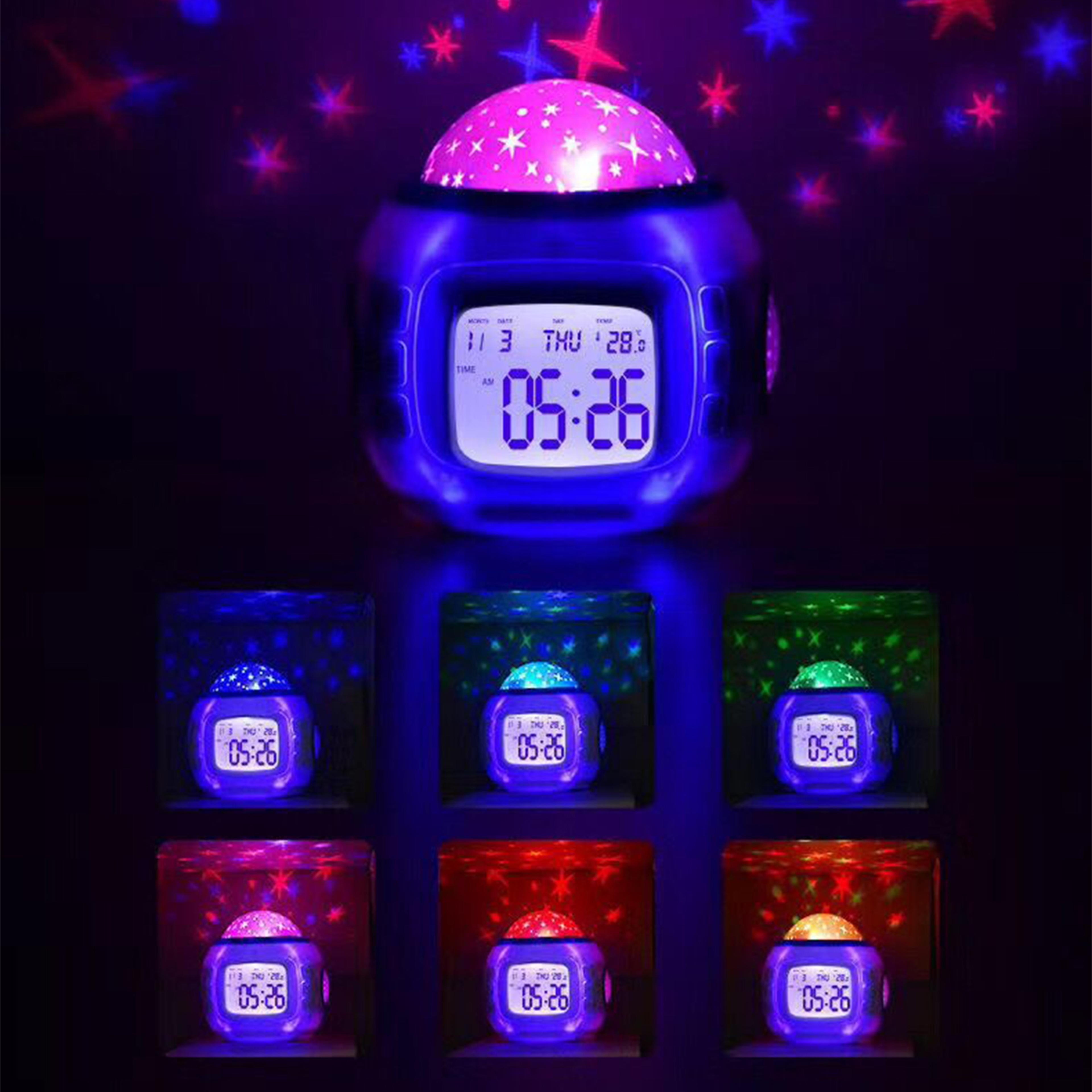 dream glow star projector alarm clock with music, led kids night light & digital bedside clock