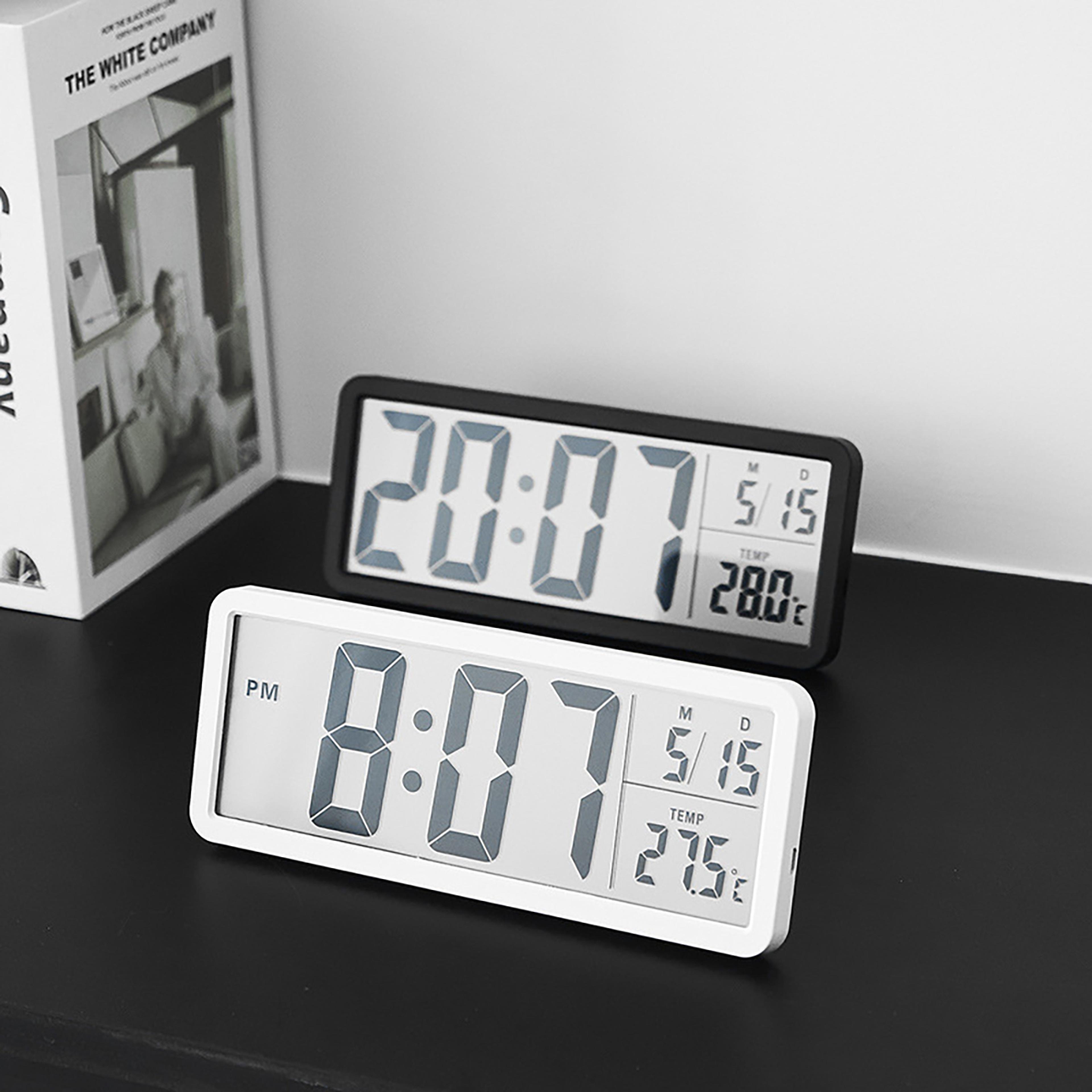 large lcd digital wall clock with temperature, calendar & week display battery powered