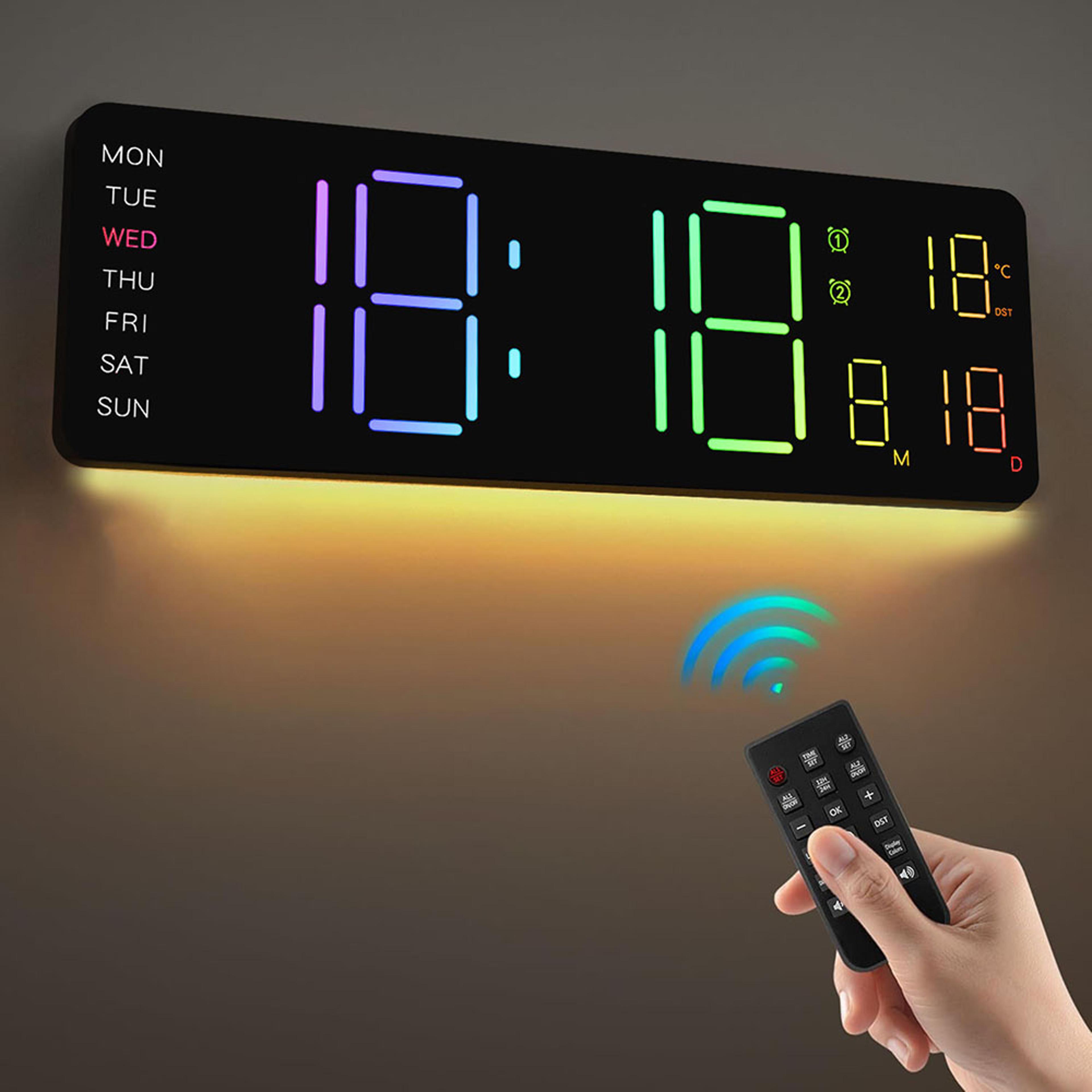 smart rgb led wall clock with remote control, calendar & temperature display