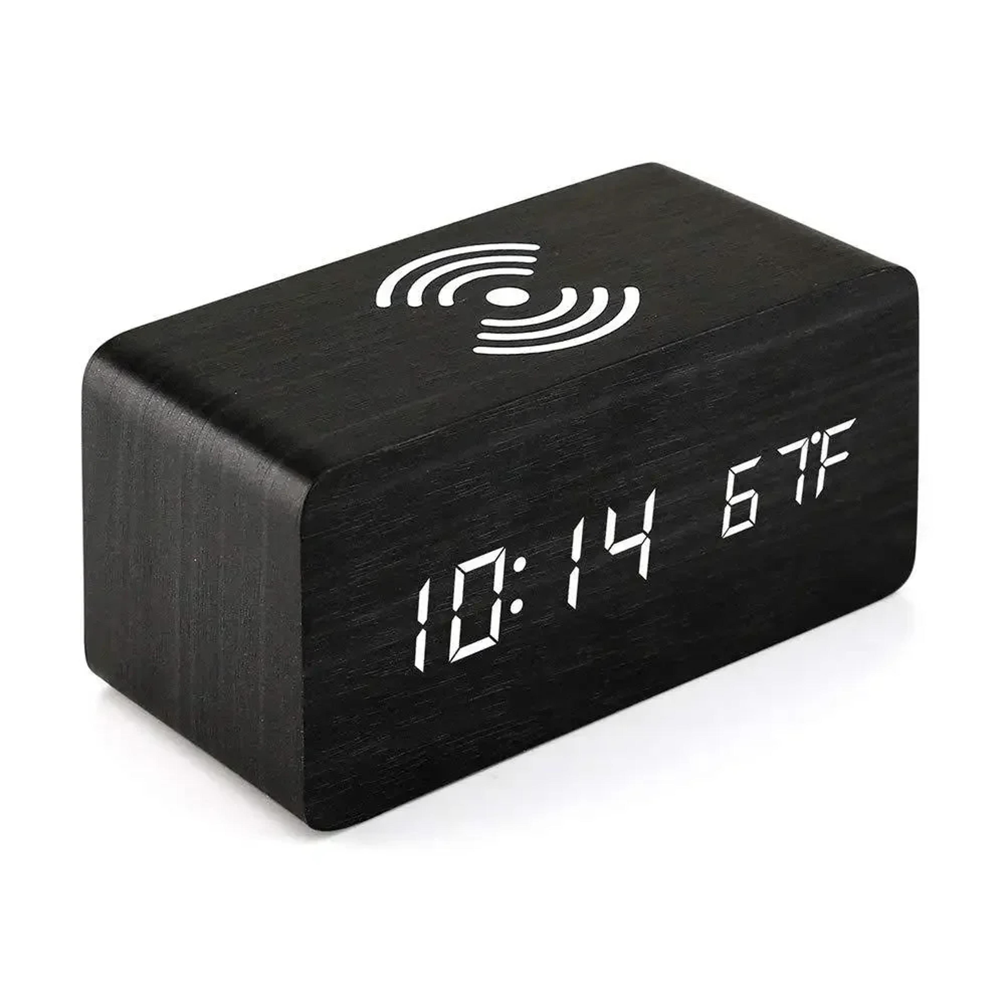 woodglow wooden alarm clock with wireless charging, led display & temperature monitors