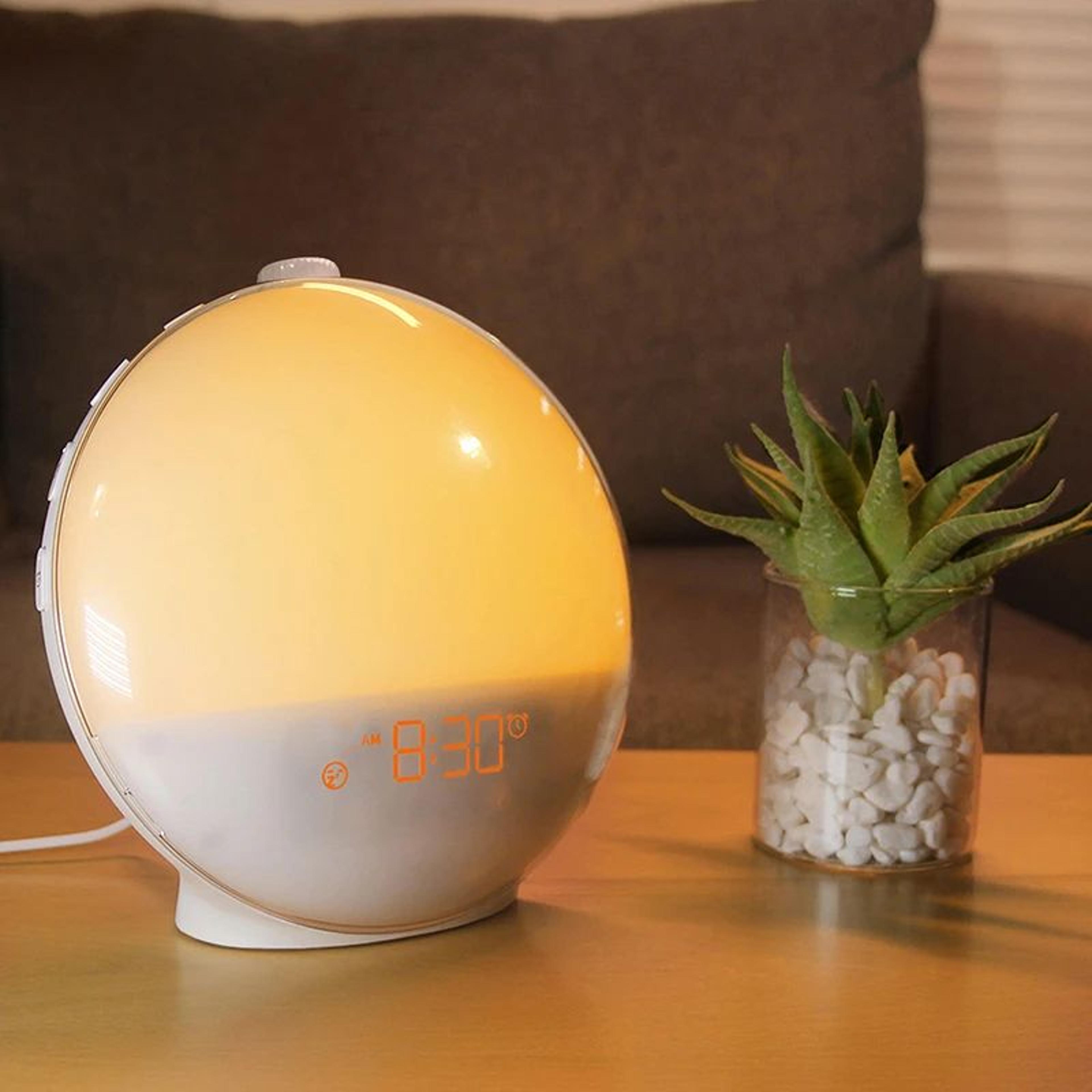 sunrise alarm clock wake up light with fm radio, sunset sleep timer & bedside night light