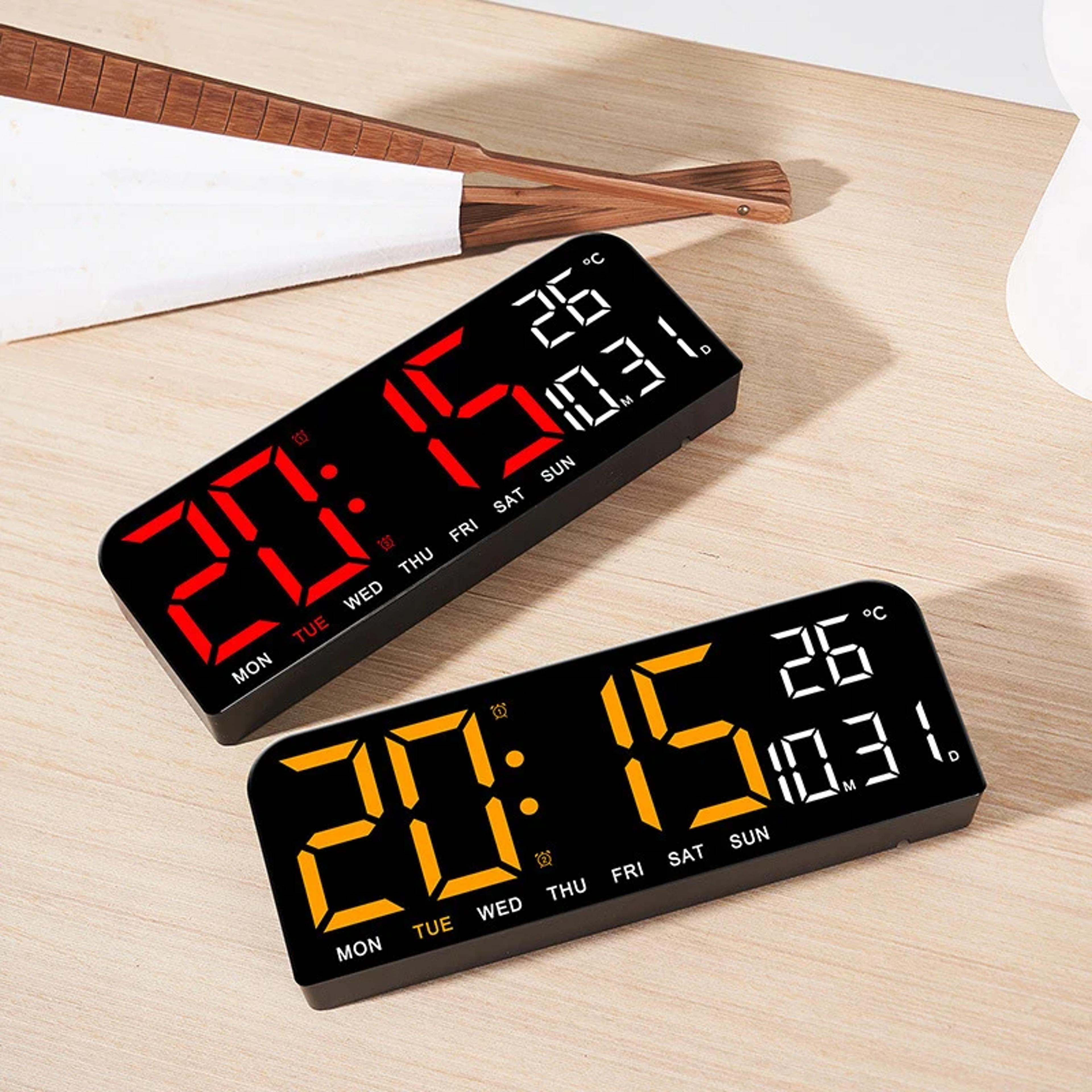 large digital wall clock with led display, temperature, date, dual alarms & usb power