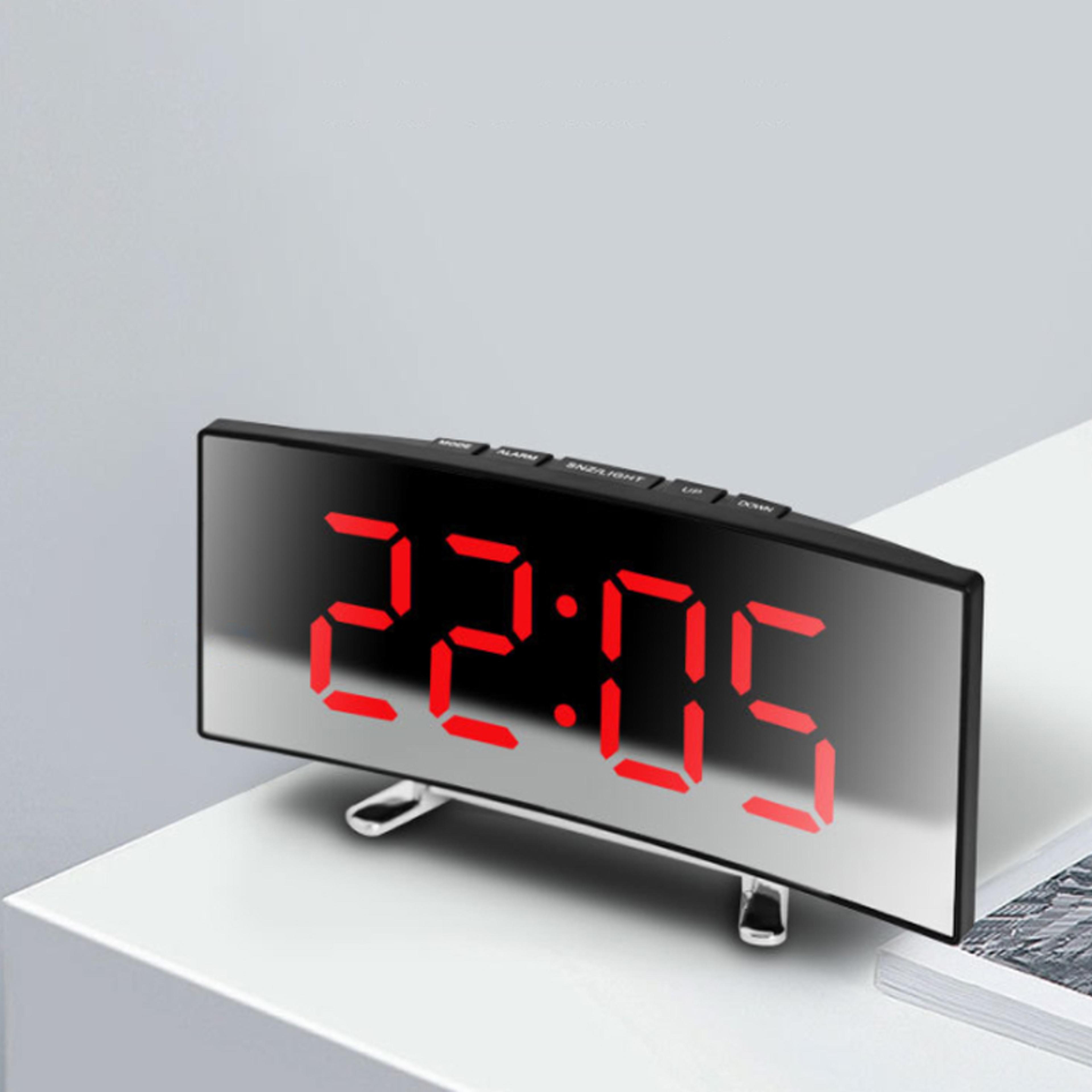 curved led digital alarm clock with mirror display, large screen & adjustable brightness