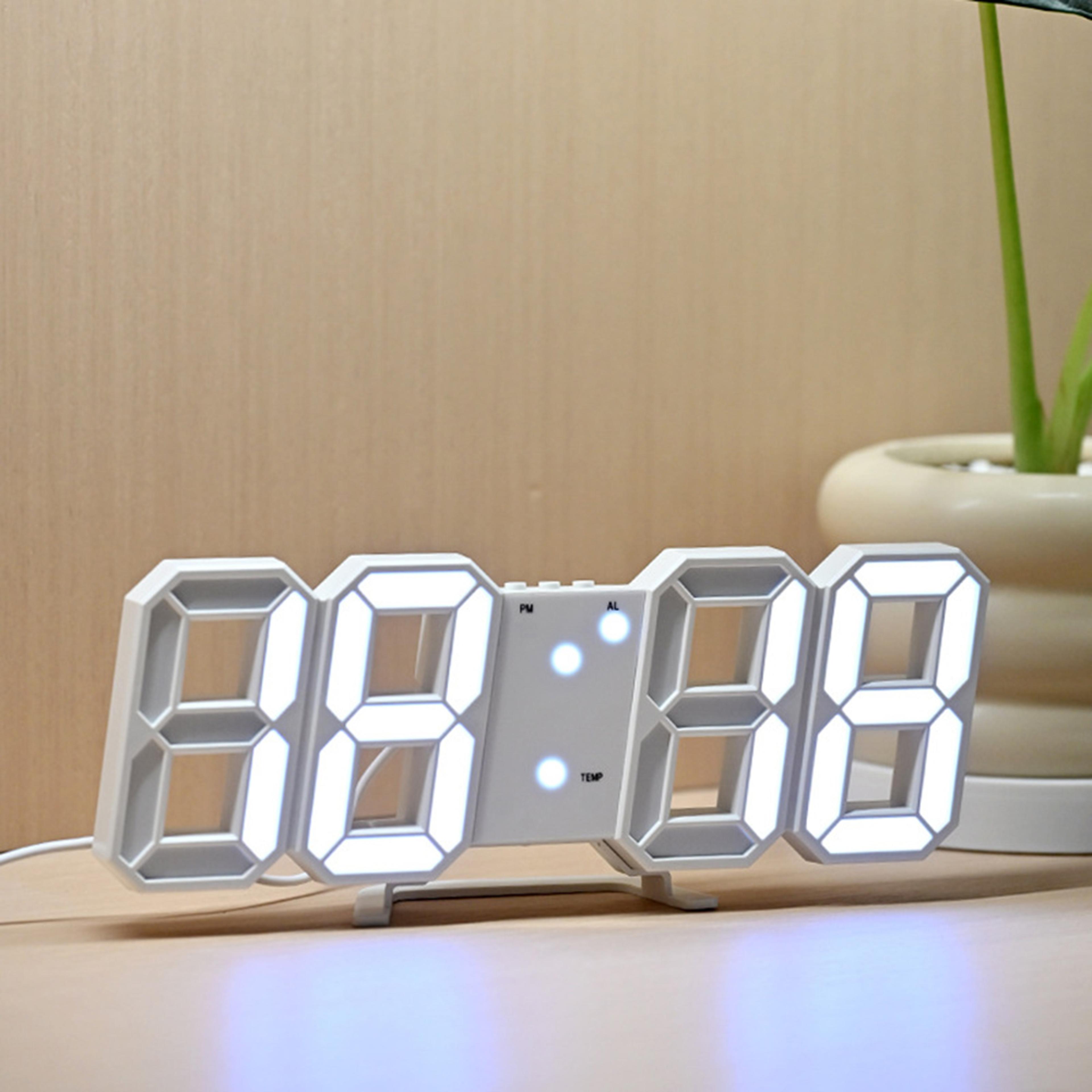led digital clock with alarm, temperature display & adjustable brightness for wall or desk