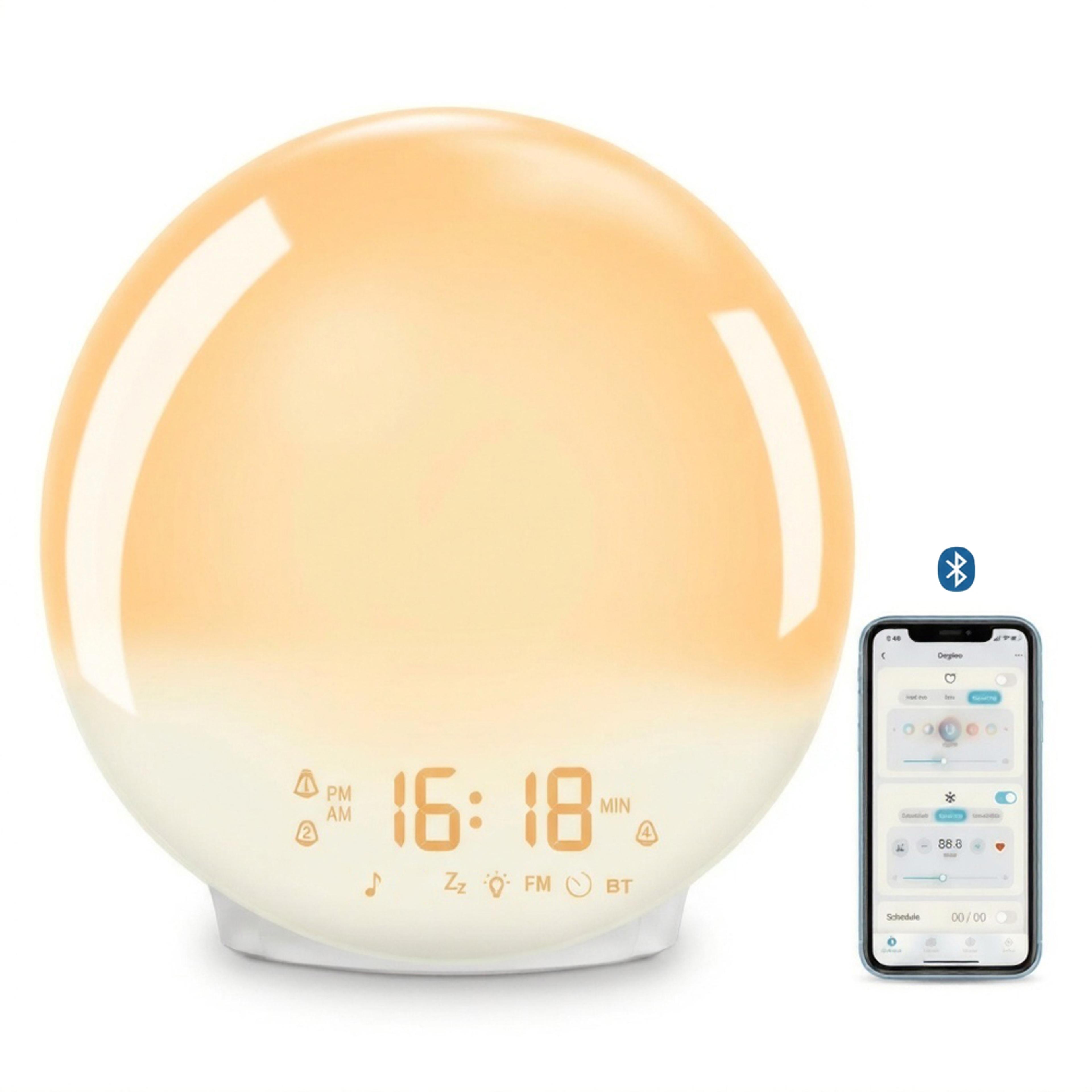 lumi rise smart wake up light alarm clock with bluetooth speaker, fm radio & app control
