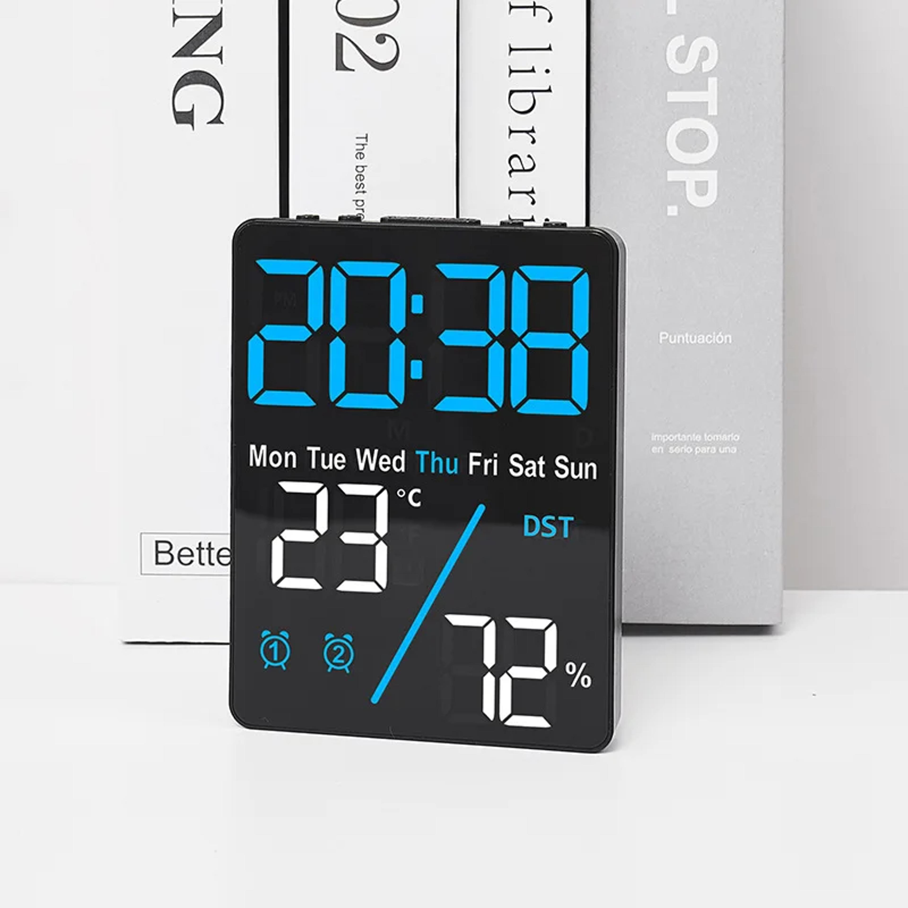 smart led digital alarm clock with temperature & humidity display for desk or wall