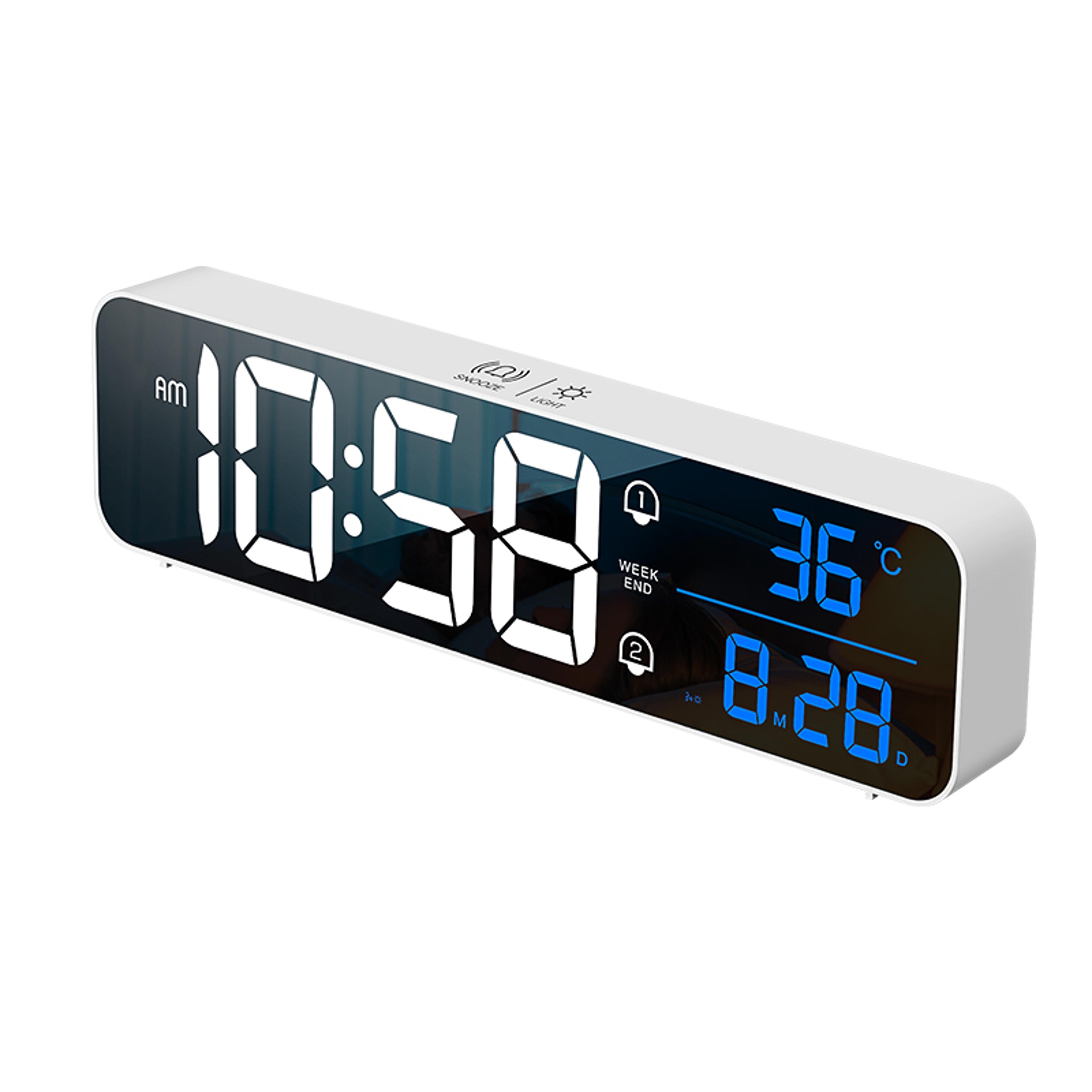 smart led digital alarm clock with large display, dual alarm, temperature & wall table design