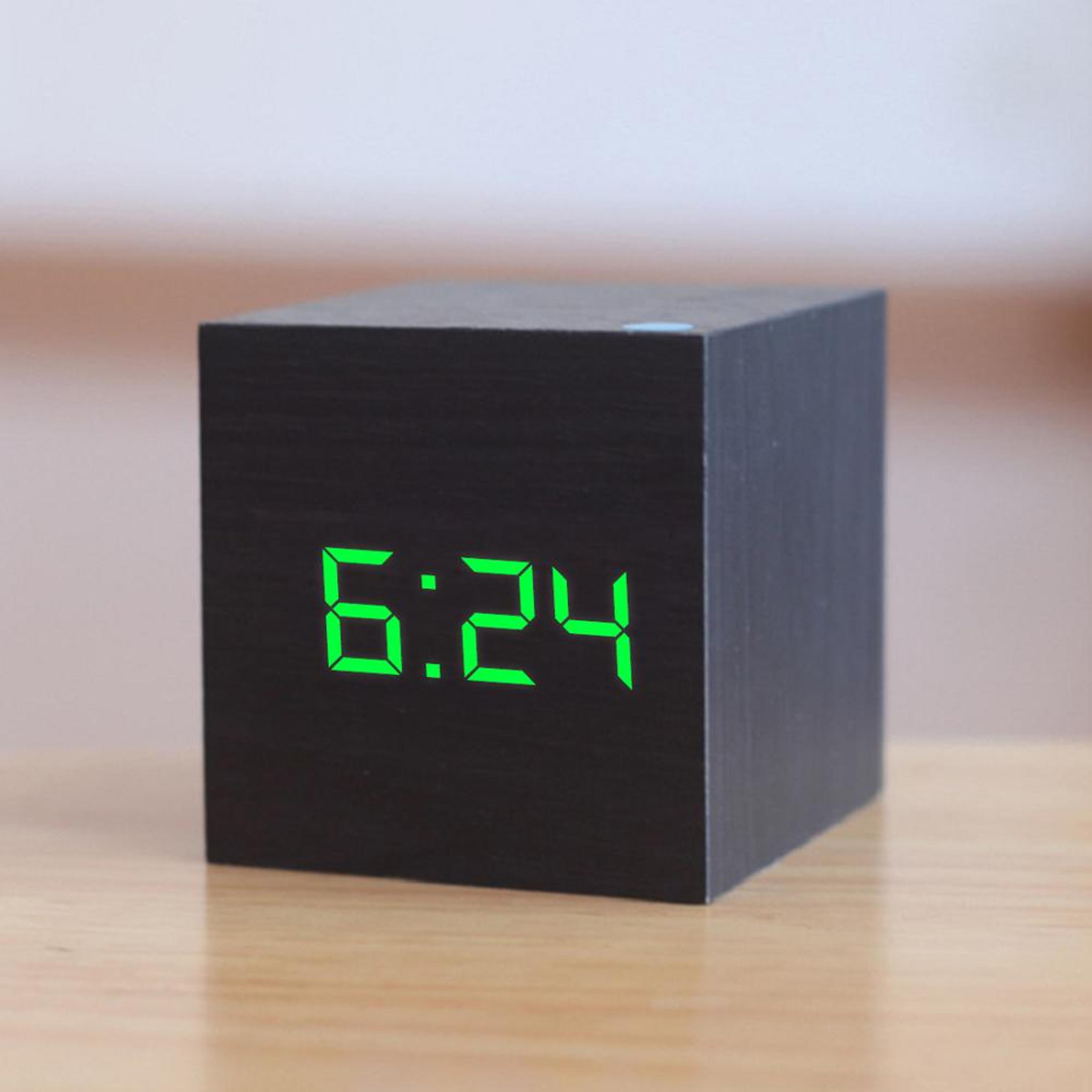modern wooden led alarm clock with voice control, snooze & digital desk clock displays