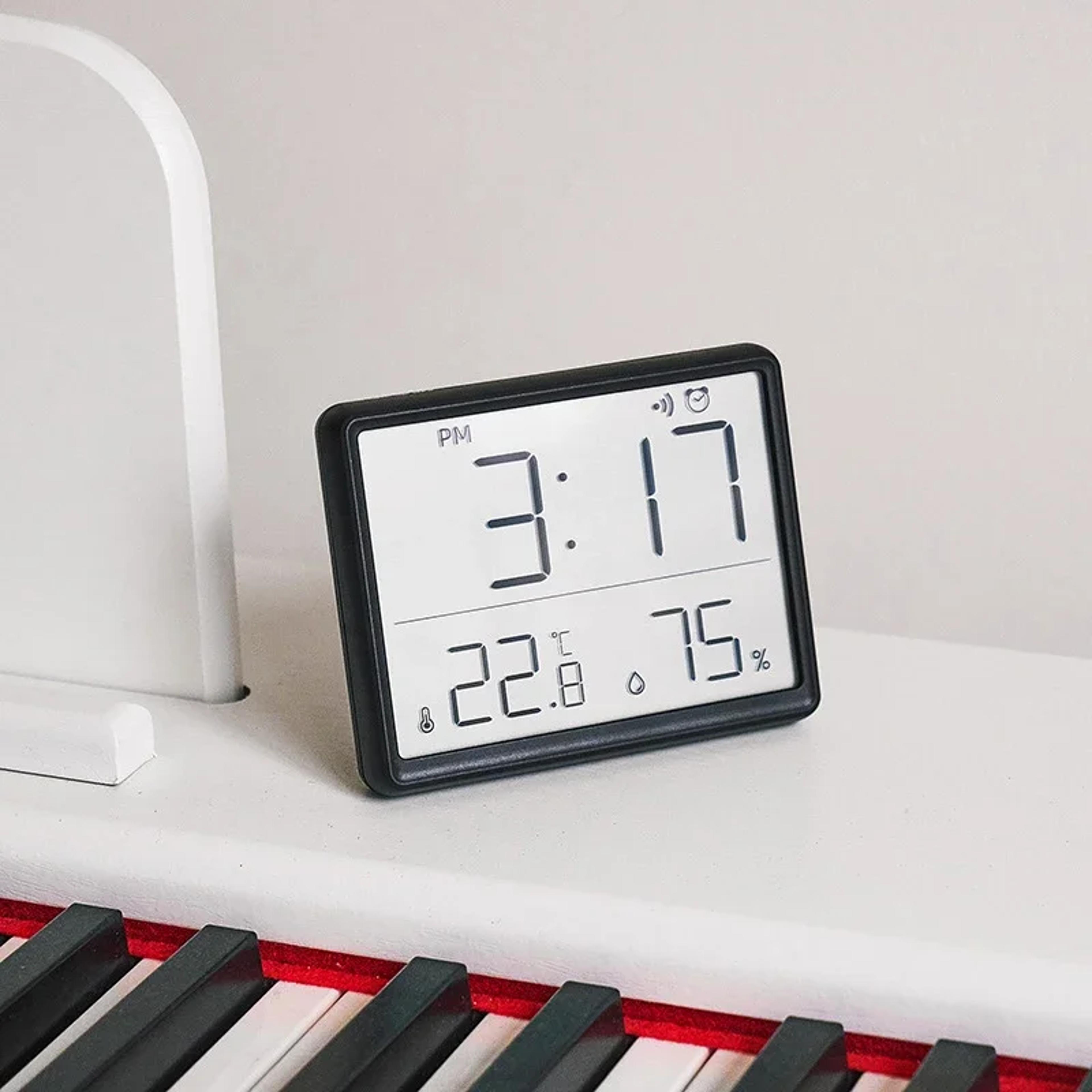 ultra thin digital alarm clock with large lcd display, temperature humidity monitor & magnetic mount