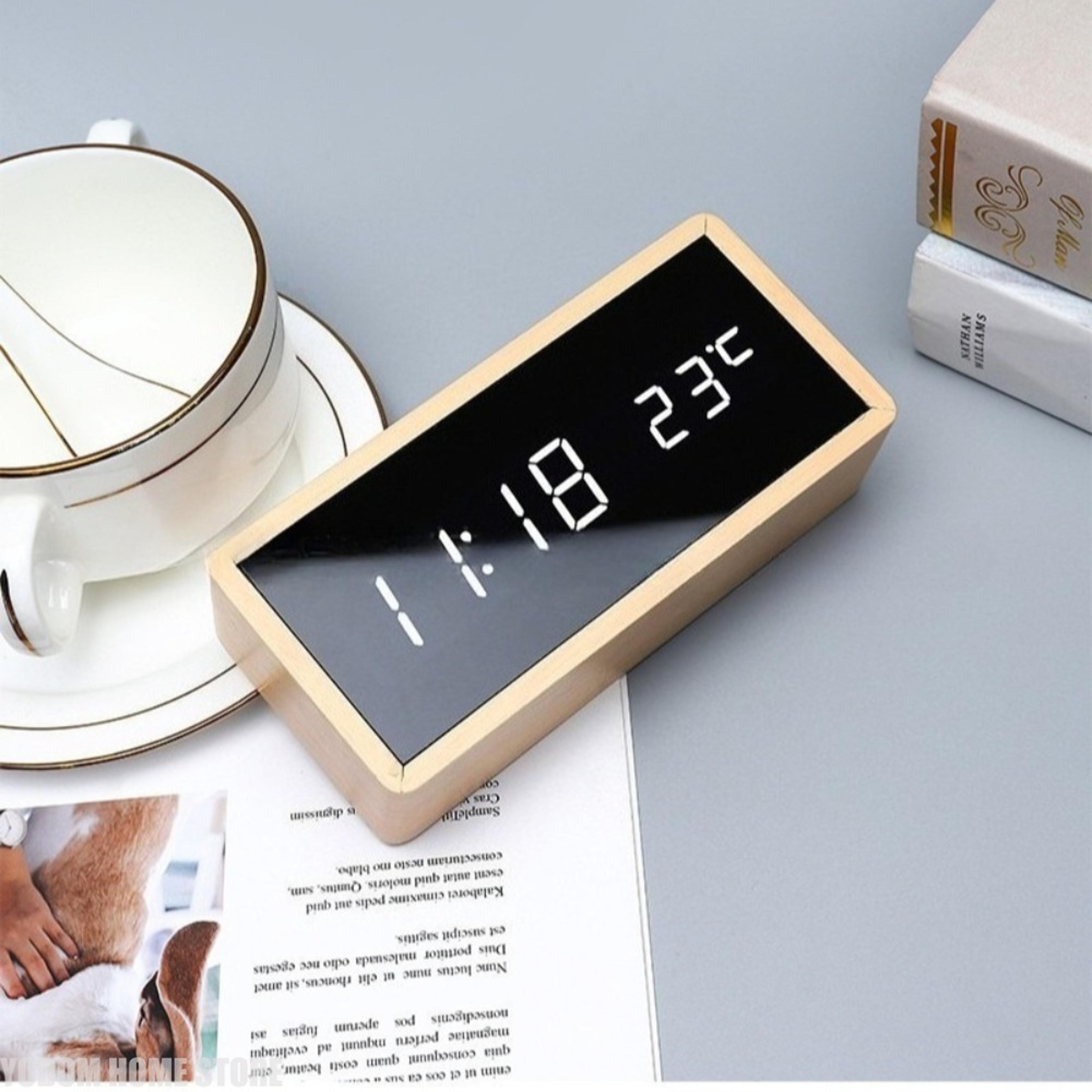bamboo wooden alarm clock with led digital display, mirror screen & temperature monitor