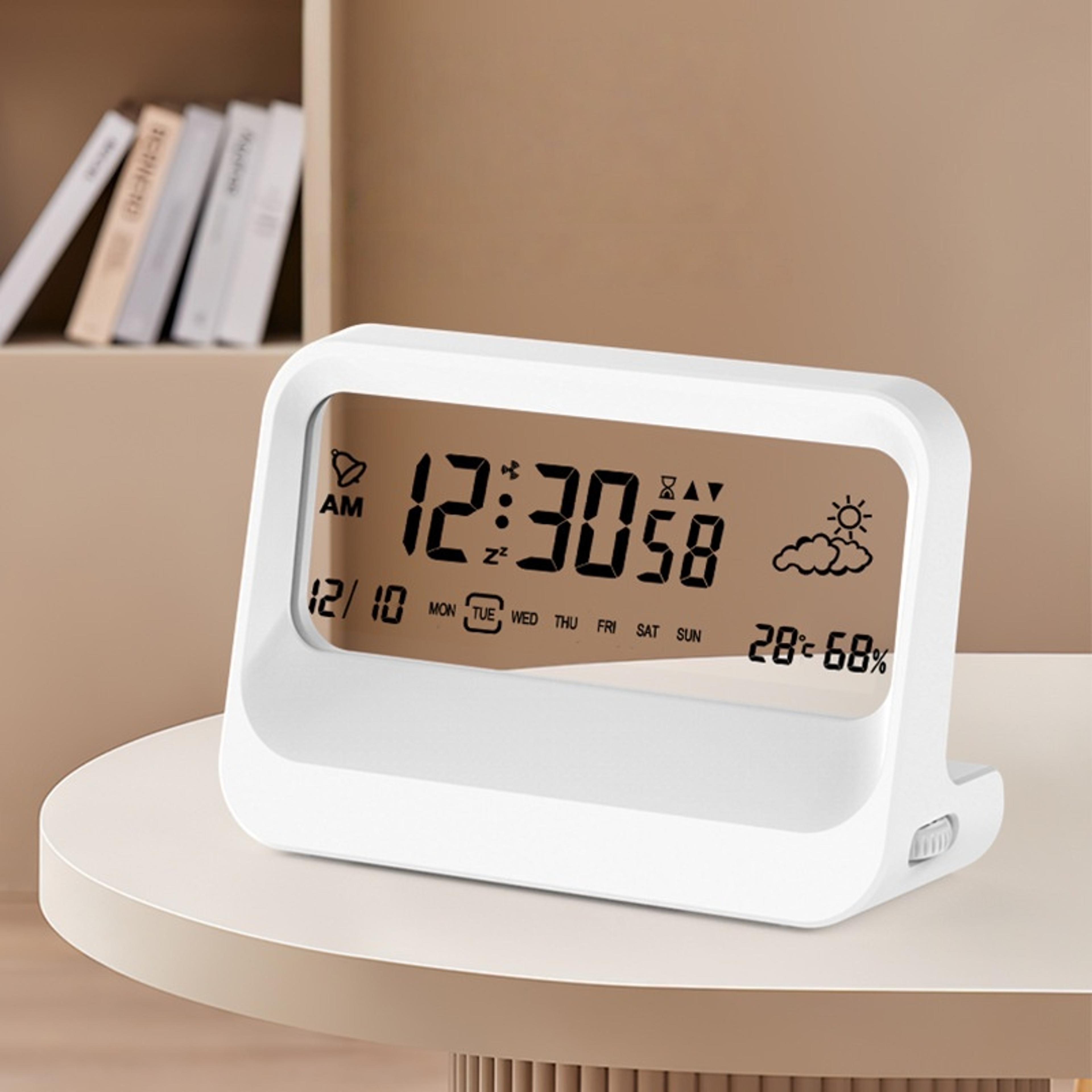 smart digital alarm clock with temperature, humidity & snooze lcd bedside display