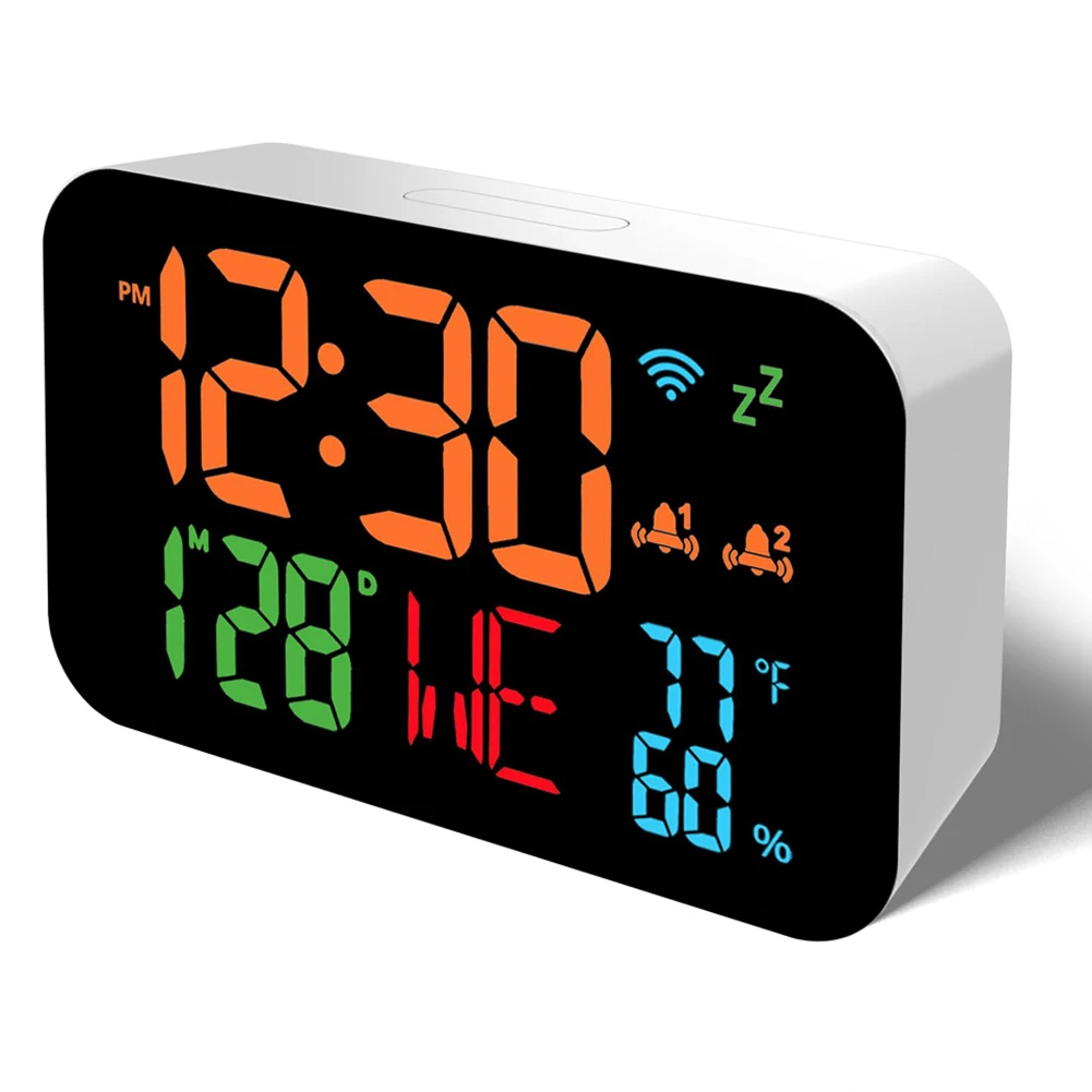 smart wifi digital clock with indoor thermometer hygrometer, led desk display & tuya app