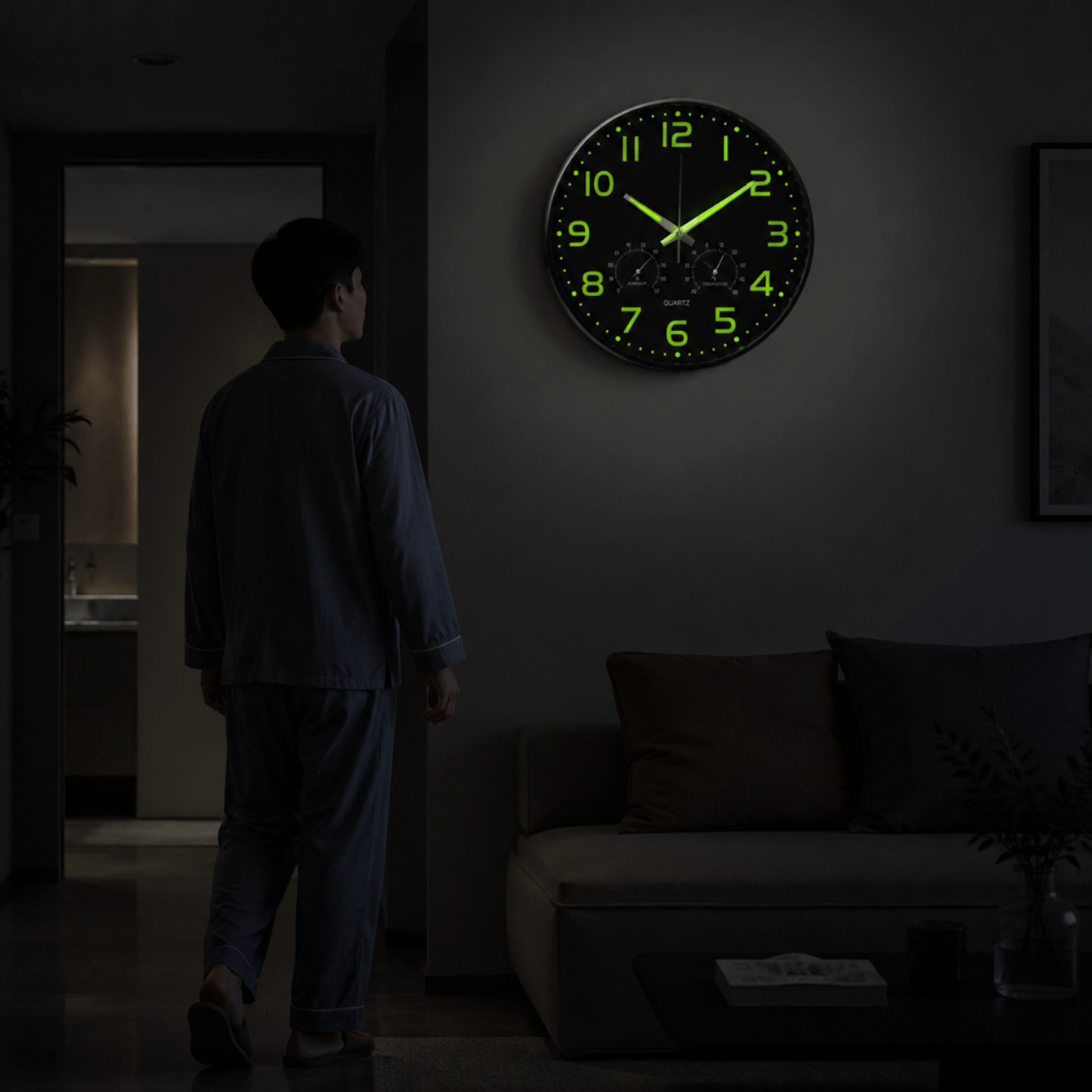 glow in the dark silent wall clock with temperature & humidity display for bedroom and living room