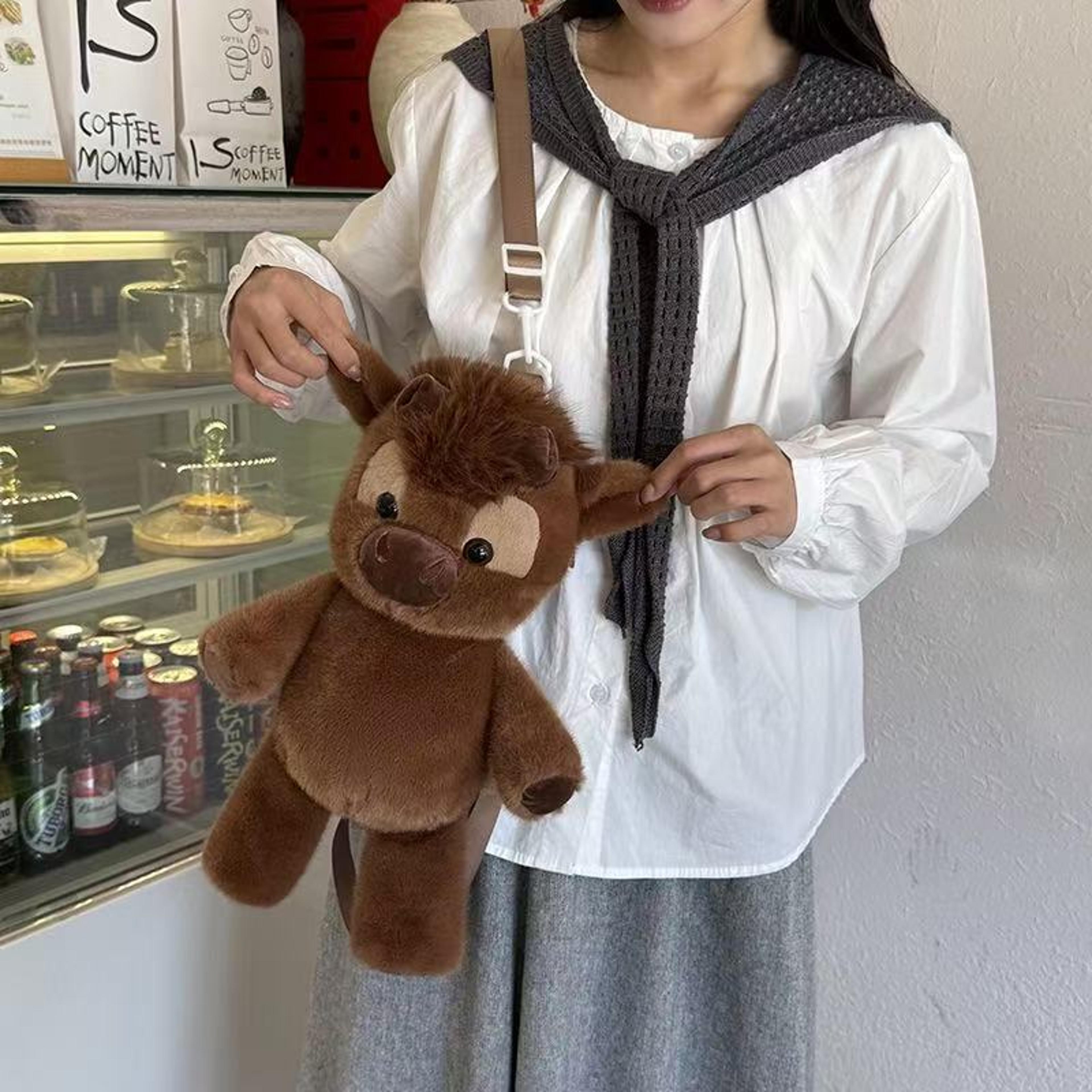 kawaii fluffy highland cow plush backpack cute animal mini bag for girls